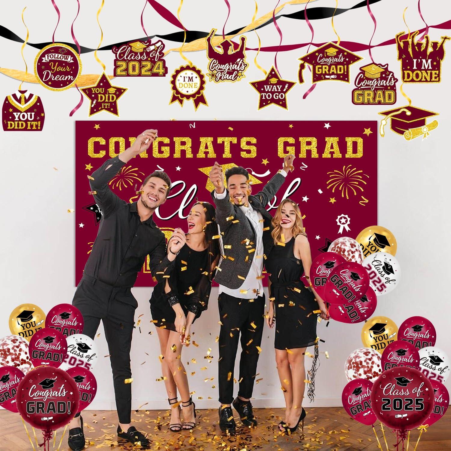 2025 Graduation Party Decoration, Red Gold Themed Set with Congrats Grad Banner, Balloons, Foil Number 2025 for Class of 2025 Graduation Party Supplies