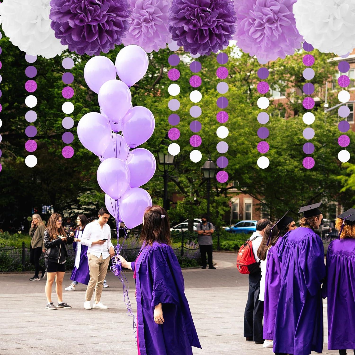 Purple White Lavender Party-Decorations Streamers - 28pcs Tissue Pom Poms,Women Girl Birthday Supplies Tassel Garland Banner,Baby Bridal Shower Wedding Engagement Bachelorette Graduation Decor Lasting Surprise