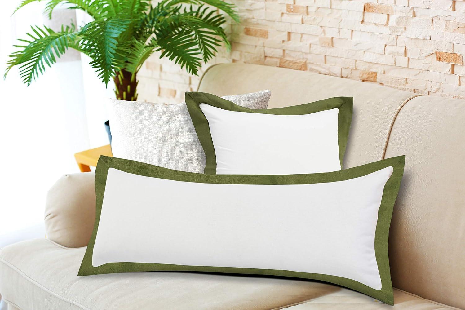 Handwoven White and Green Organic Cotton Rectangular Pillow Cover