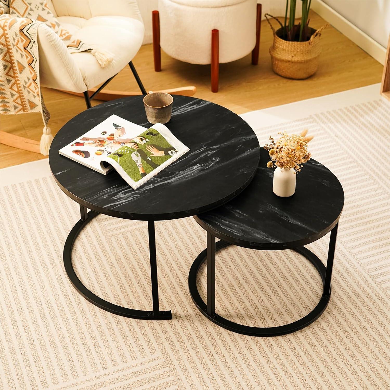 Yesfashion Nesting Coffee Table Set Of 2, 27.6" Round Coffee Table Wood Top With Sturdy Metal Frame, End Table Side Tables For Living Room Bedroom Balcony Yard