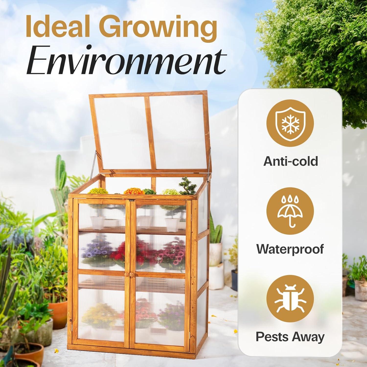 Wood Cold Frame Greenhouse for Outdoors, 2-Tier Greenhouse Cabinet