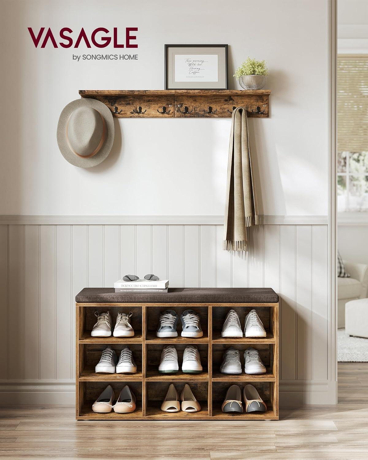 Rustic Brown Particleboard Shoe Bench with Cushion and Storage