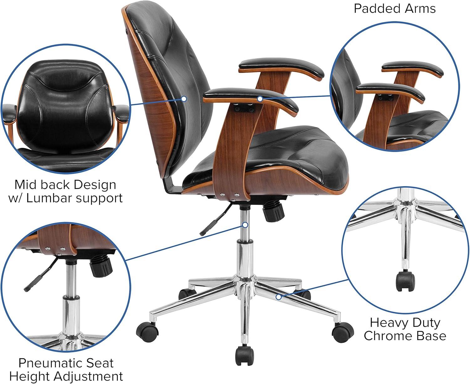 Flash Furniture Tansia Mid-Back Black LeatherSoft Executive Ergonomic Wood Swivel Office Chair with Arms