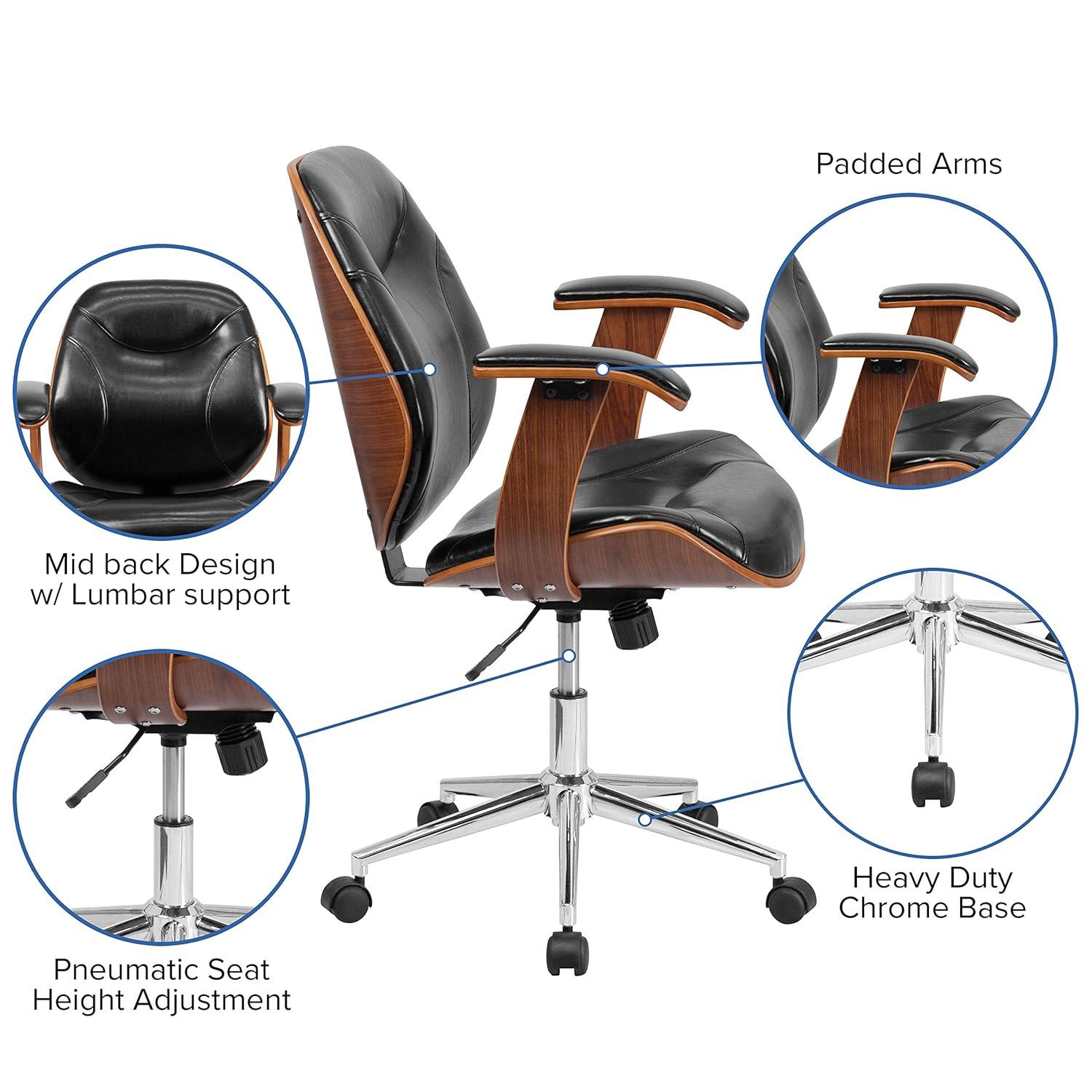 Merrick Lane Mid-Back Ergonomic Office Chair Executive Swivel Bentwood Frame Desk Chair in Black Faux Leather