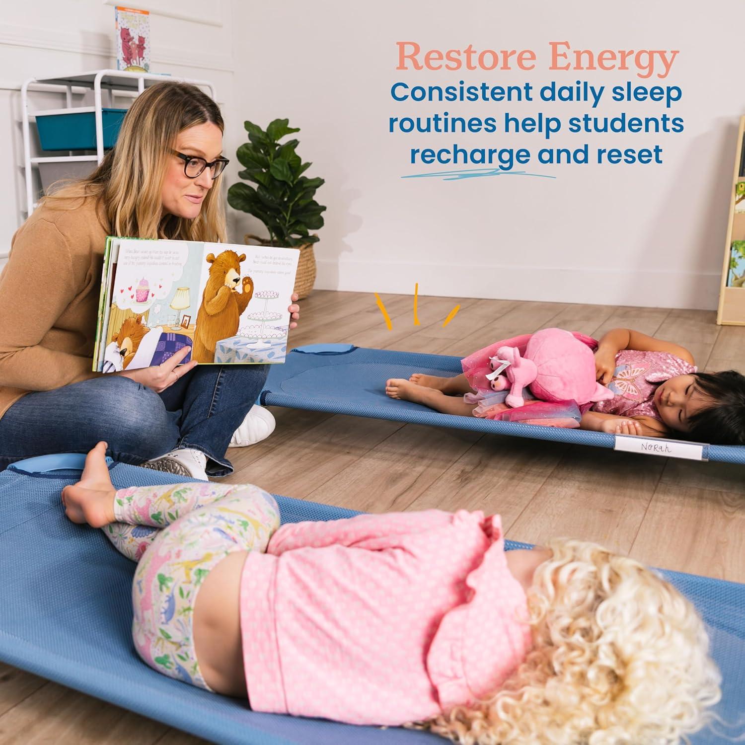 ECR4Kids ECR4Kids Stackable Kiddie Cot with Sheet, Classroom Furniture, Blue (Set of 6)