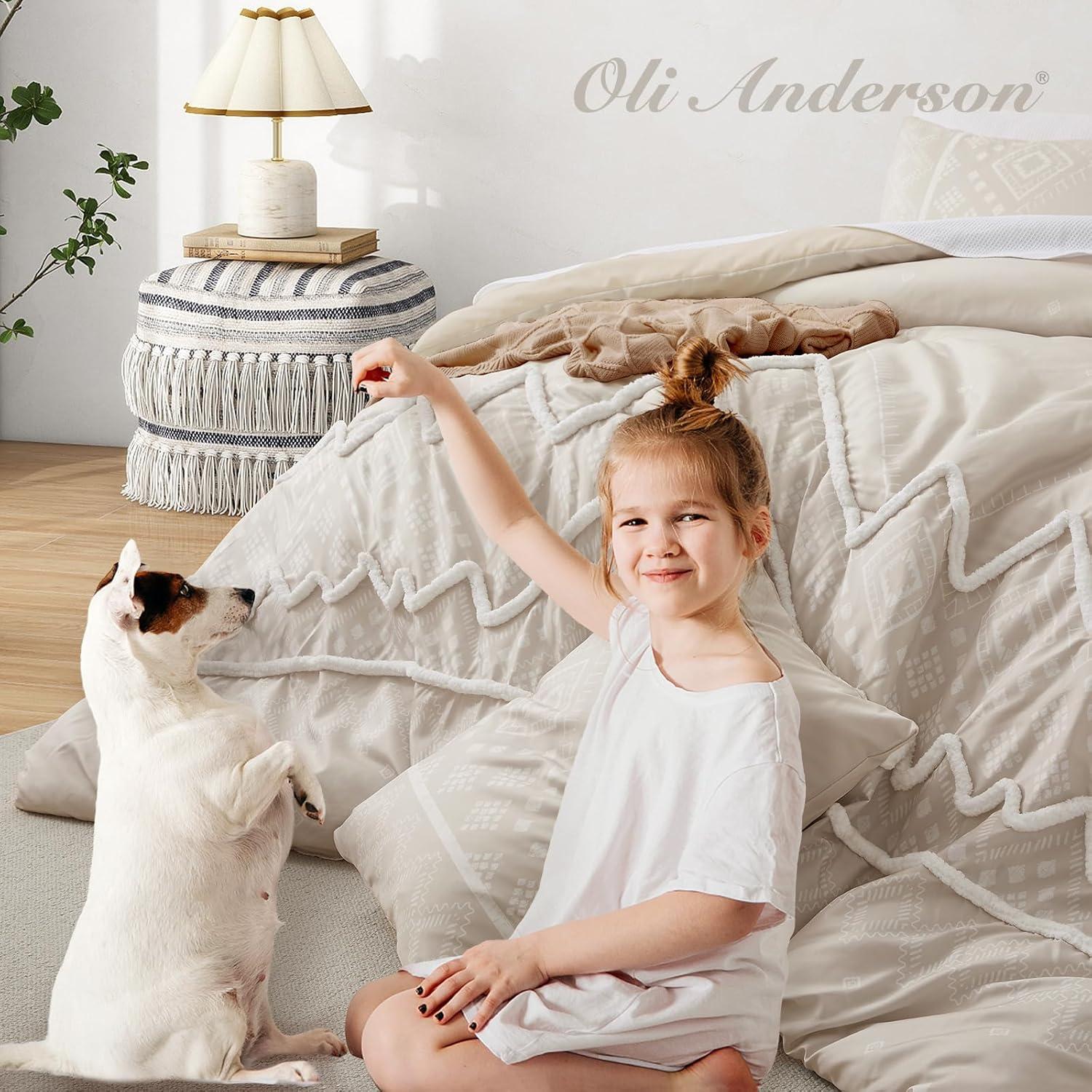 Oli Anderson Cream King Comforter Set Tufted Bedding Set King 3 Pieces, Boho Shabby Chic Comforter with 2 Pillowcases (Cream,King)