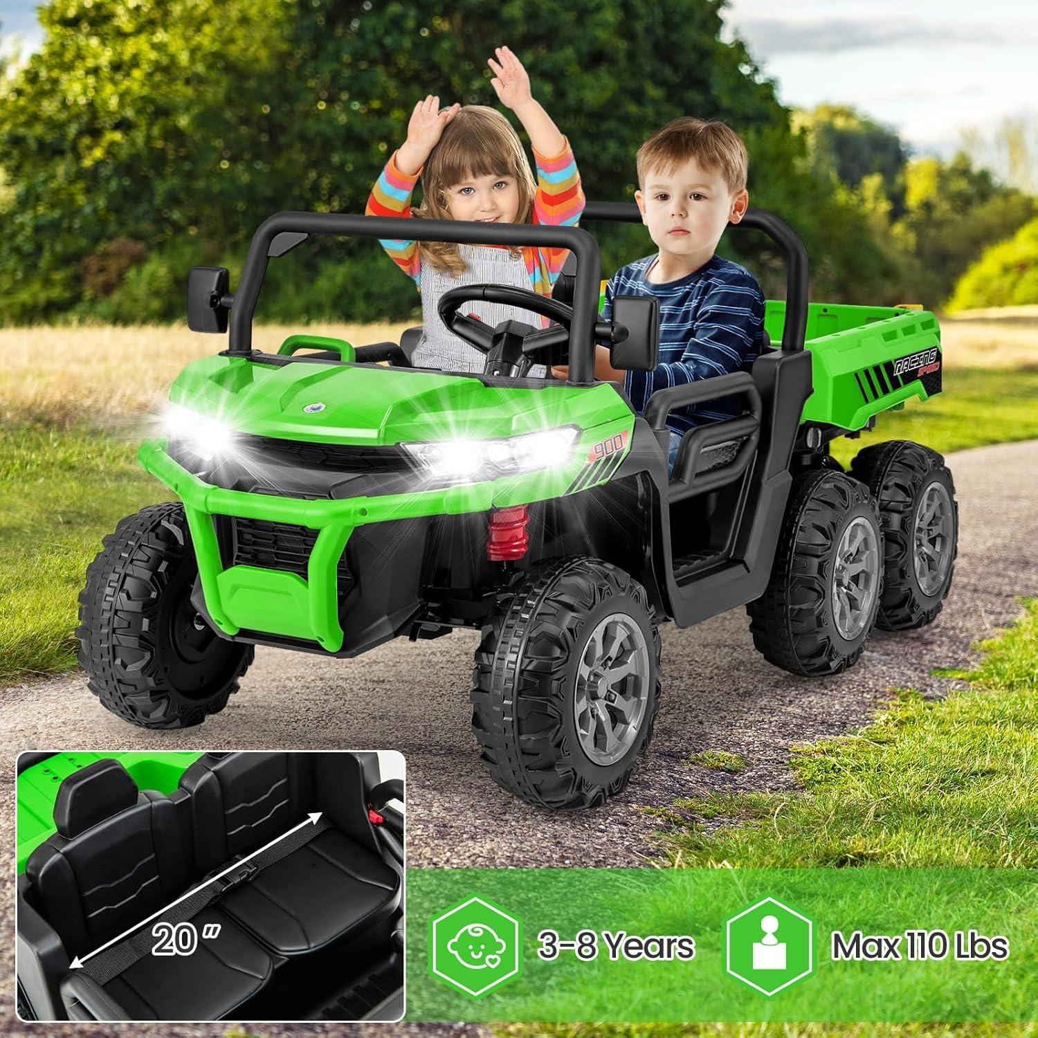 24V Ride on Toys with Remote Control, 2 Seater Electric Powered Ride on Dump Truck , 4WD 6-Wheel UTV Car w/ Tipping Bucket Trailer, Shovel, Suspension, Bluetooth Music, Big Kids, Green