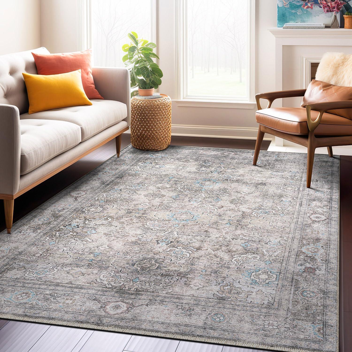 World Rug Gallery Transitional Distressed Vintage Machine Washable Area Rug- OLIVE 5' X 7'