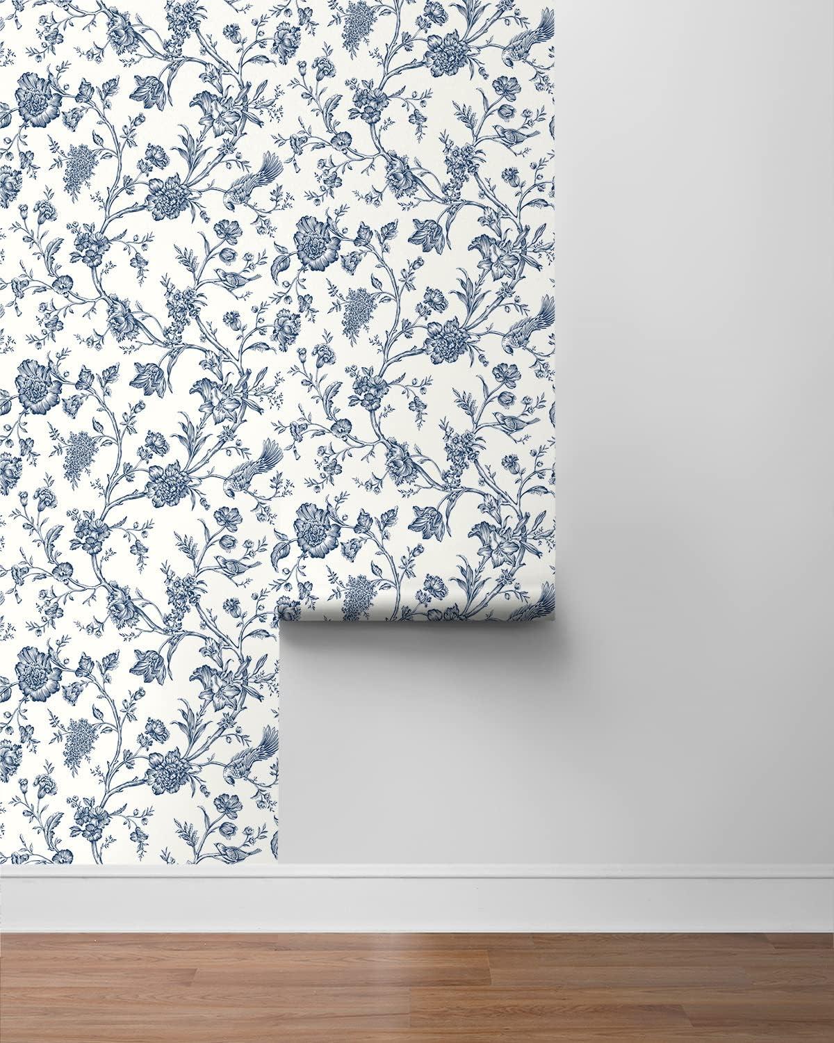 NextWall Navy Blue Jasmine Chinoiserie Peel and Stick Wallpaper