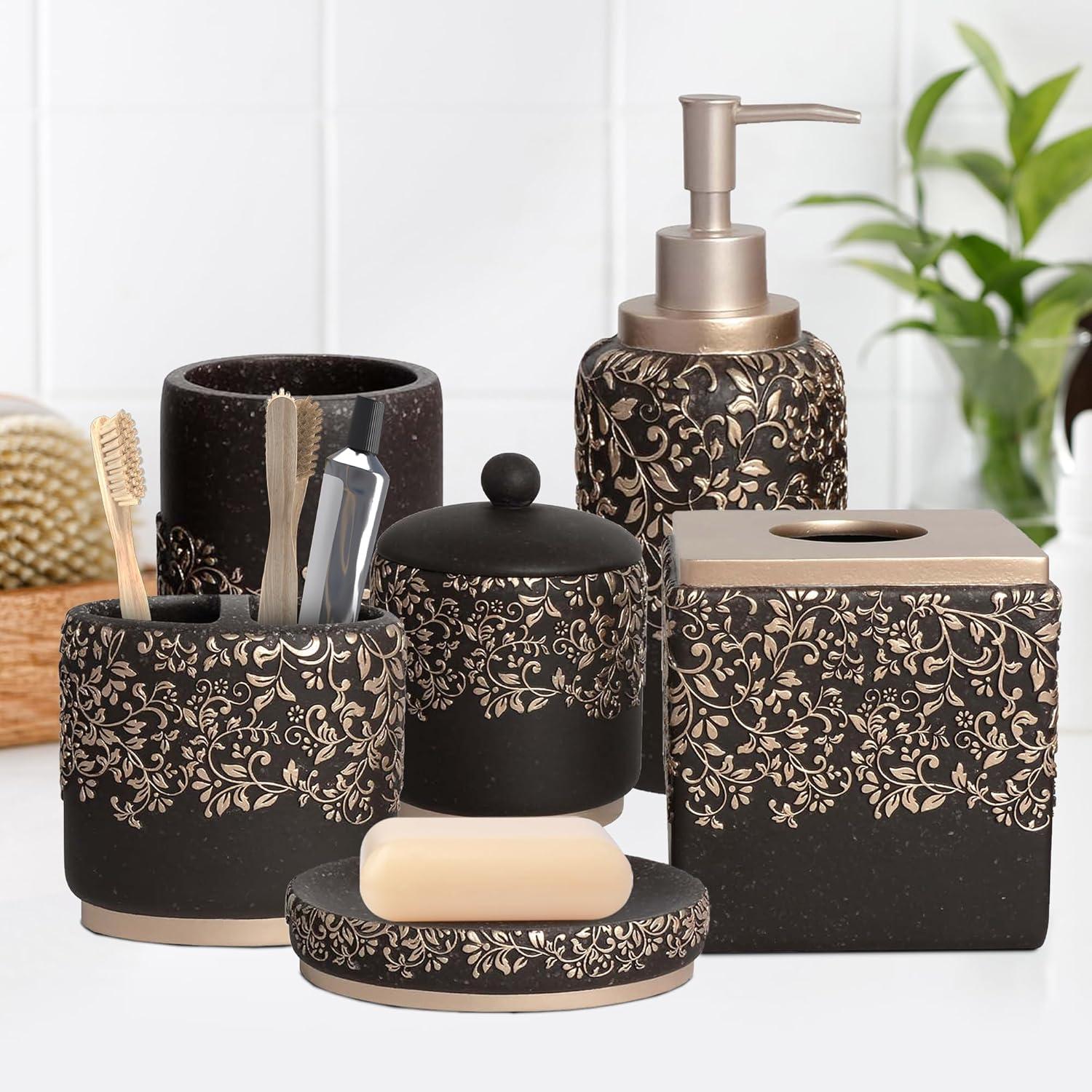 Decozen Bathroom Accessories - Gold Brown Set of 6 Piece Bath Vanity Decor - Bathroom Soap Dish, Soap Dispenser, Toothbrush Holder, Tumbler, Cotton Jar, Tissue Box Housewarming Gift for Home Decor