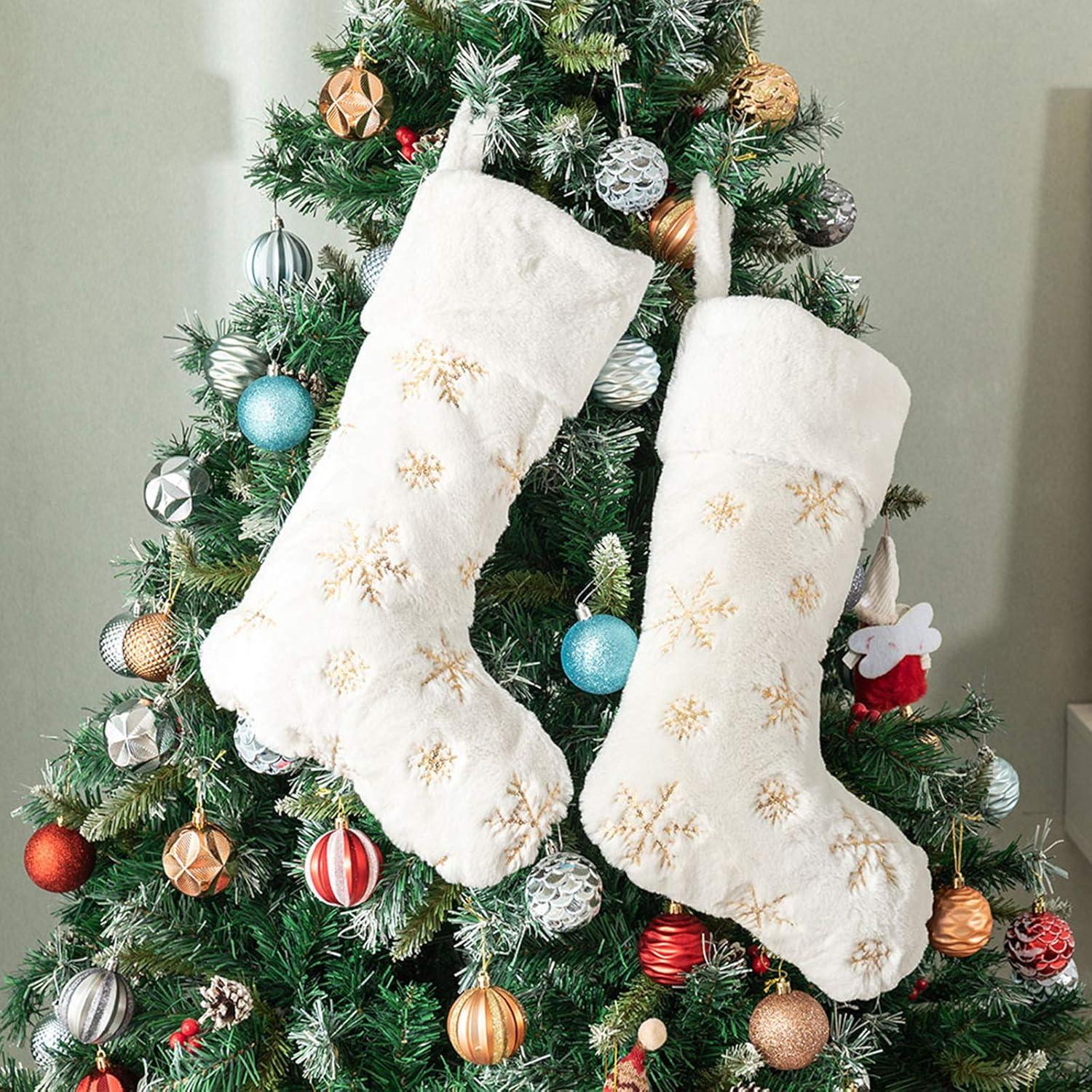 White Faux Fur Christmas Stockings with Gold Snowflakes, 22 Inches