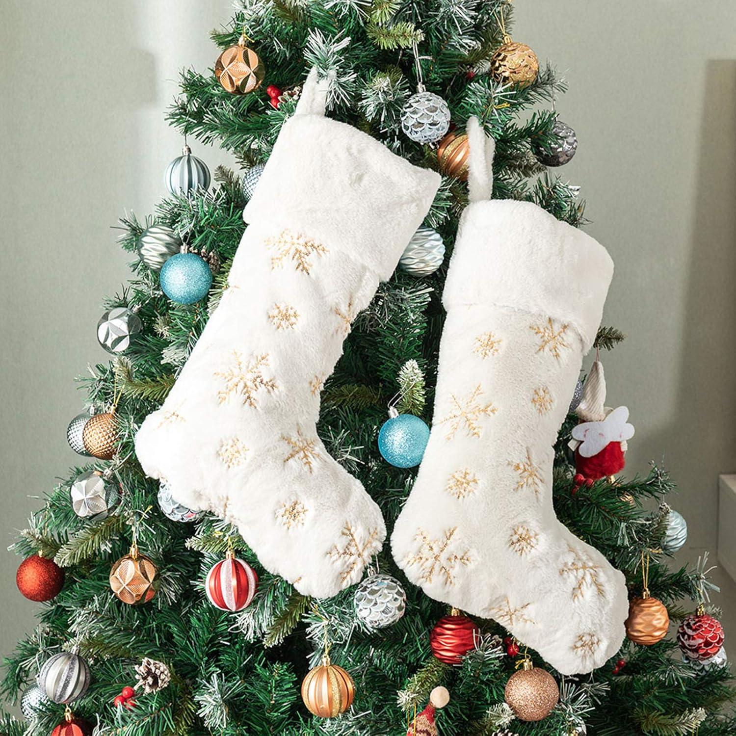 2PCS Plush Christmas Stockings White Faux Fur Large 56cm Deluxe Hanging Xmas Stockings with Silver Sequin Snowflake for Christmas Fireplace Decorations (White-S, 22inches)