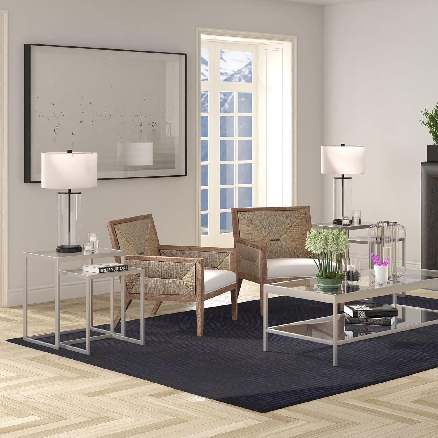 Satin Nickel Rectangular Nested Side Table with Tempered Glass Top