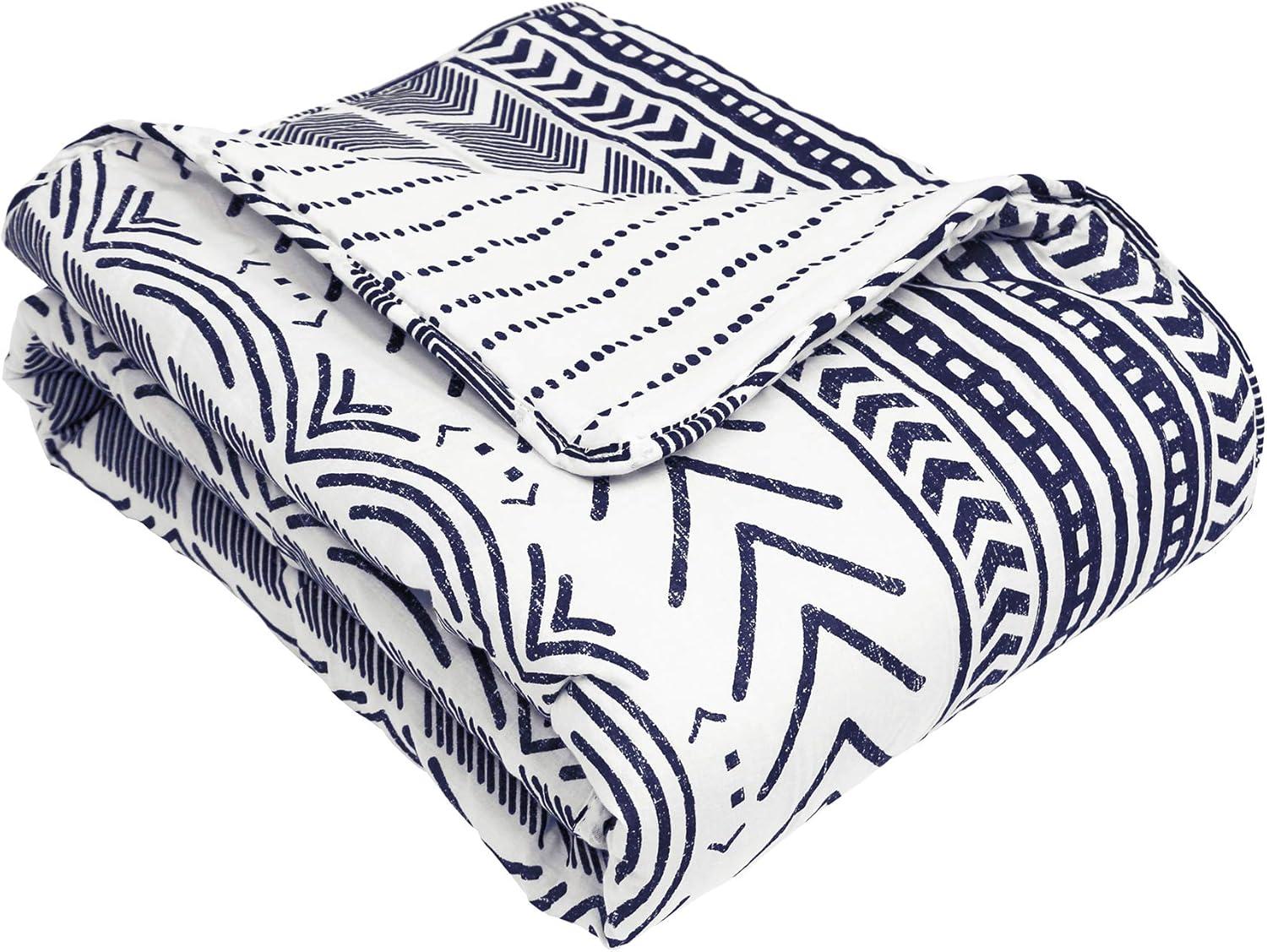 Navy and White Cotton Geometric Reversible Throw Blanket