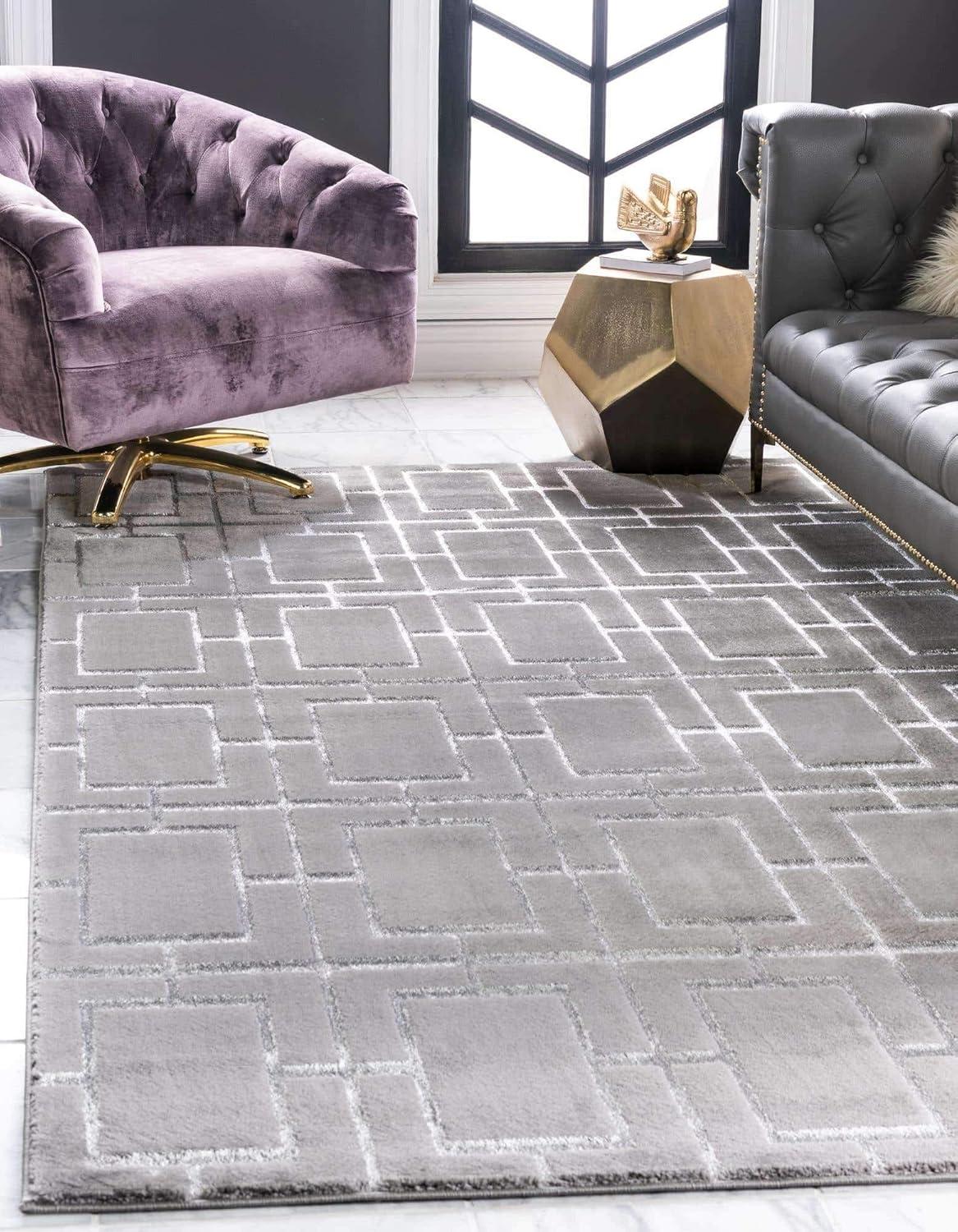 Glam Geometric Gray Silver Rectangular Area Rug