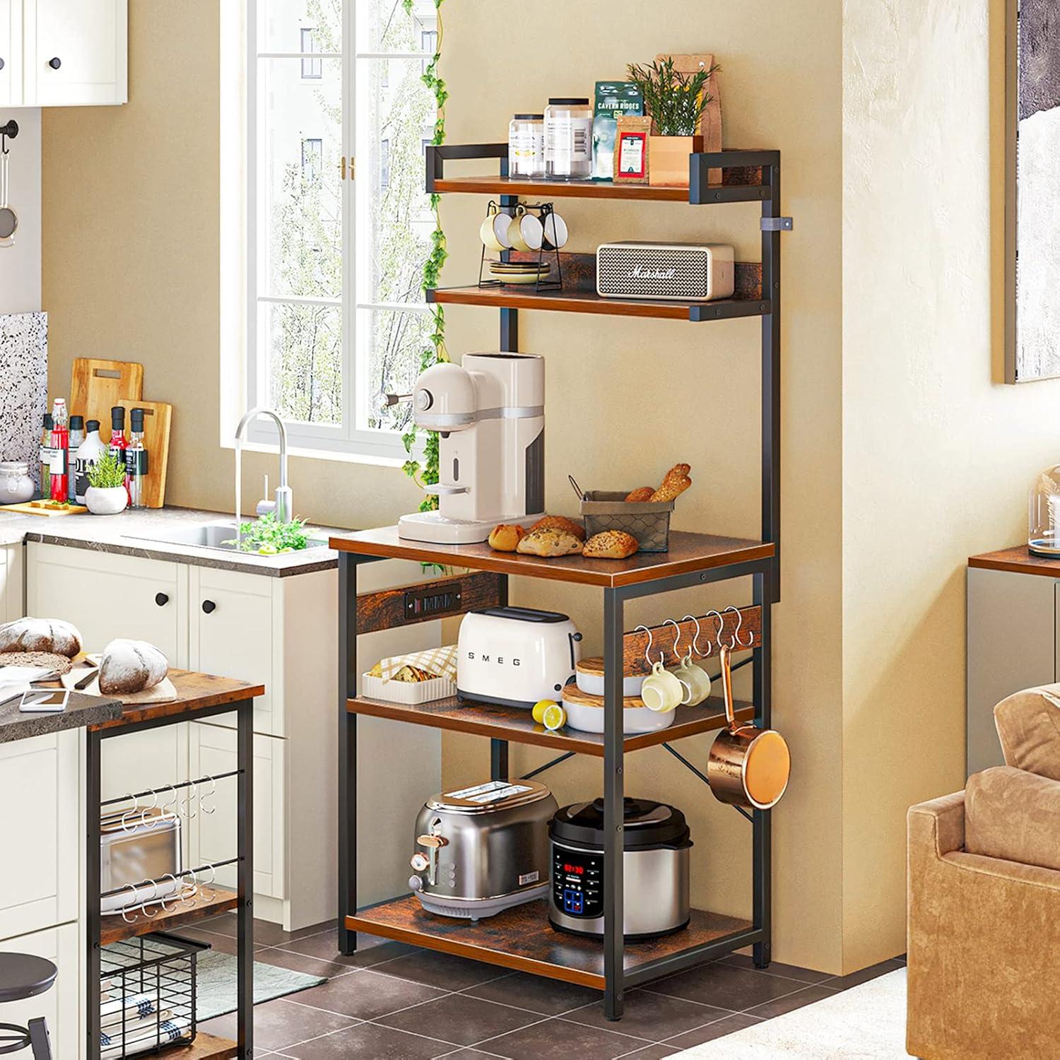 Rustic Brown 5-Tier Kitchen Rack with Built-in Power Outlet