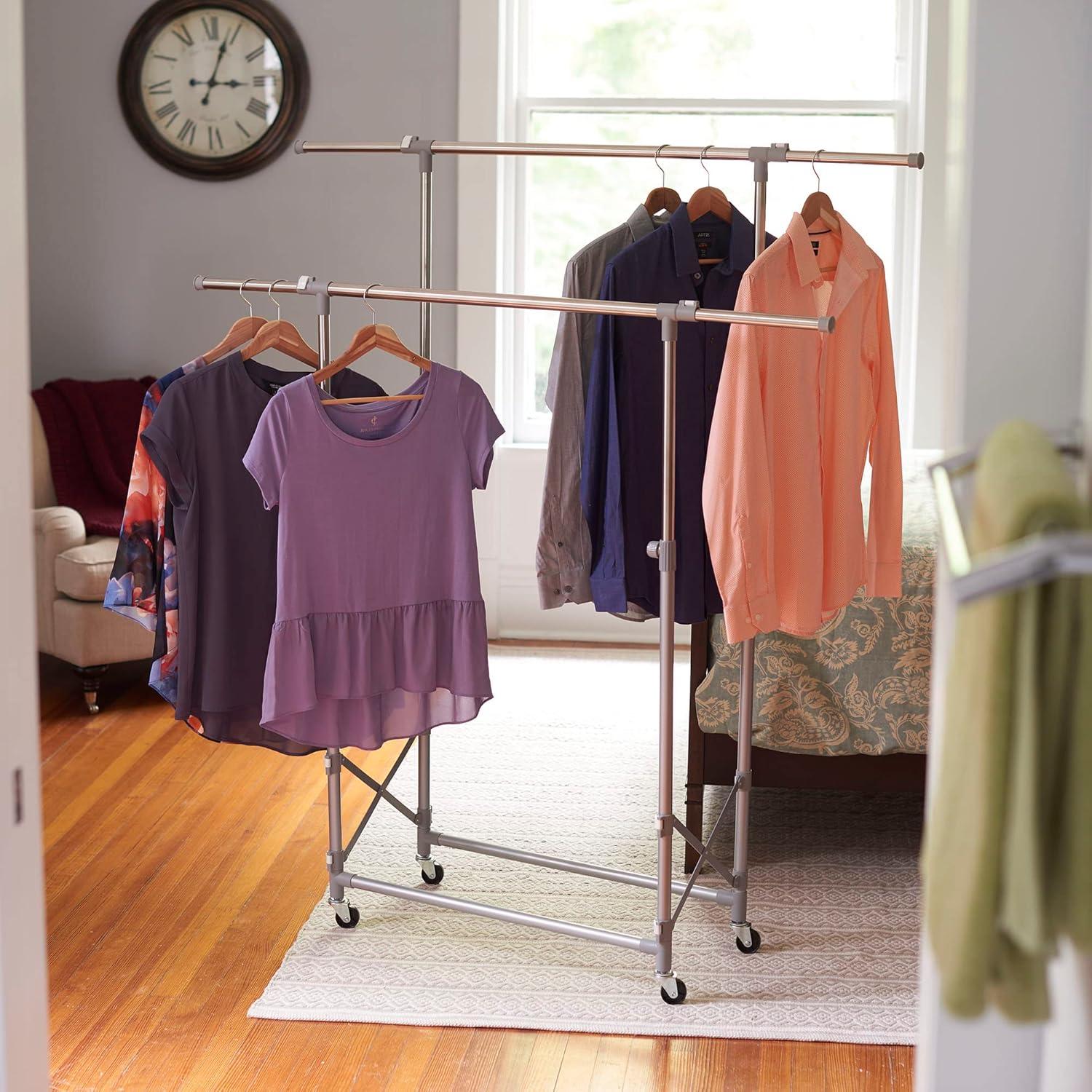 Adjustable Silver Double Garment Rack with Wheels