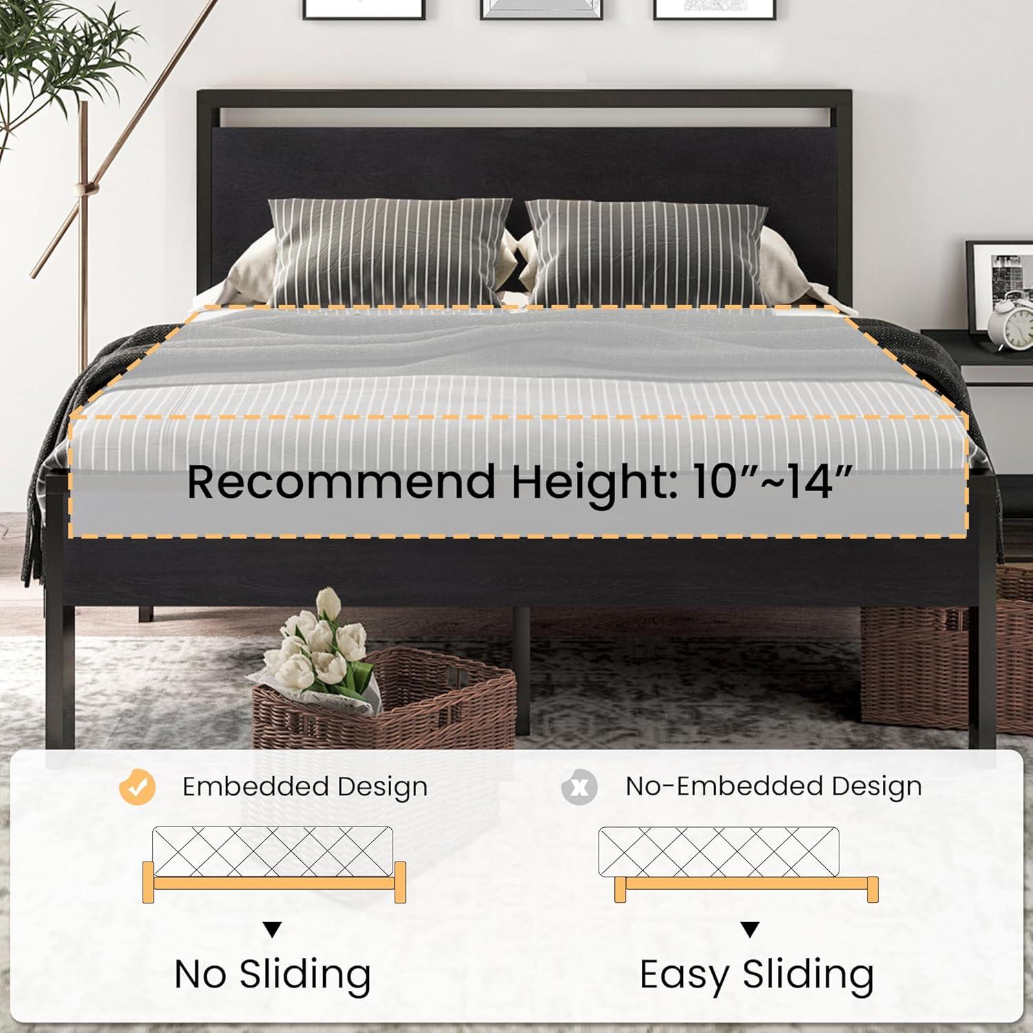 17 Stories 14 Inch Queen Size Metal Platform Bed Frame with Wooden Headboard and Footboard,No Box Spring Needed
