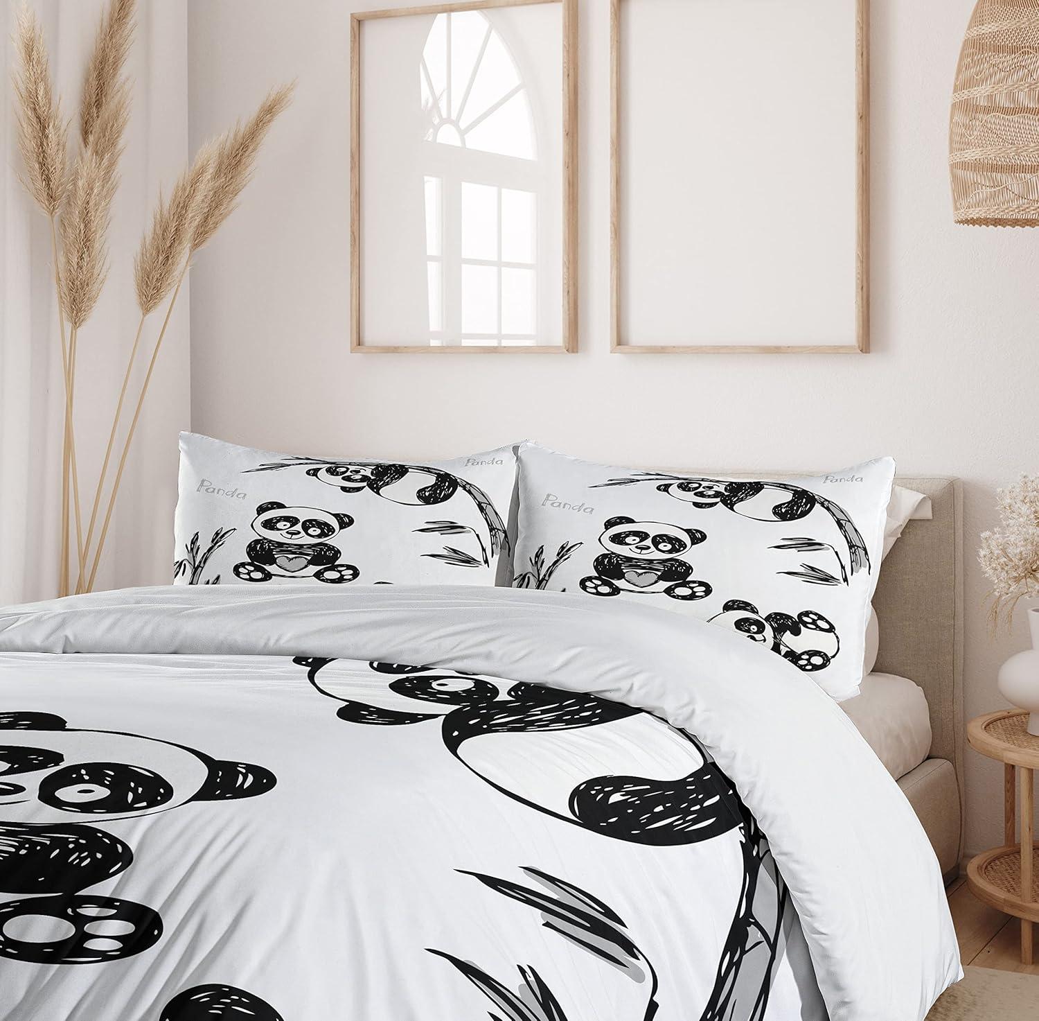 Twin Black and White Panda Microfiber Duvet Cover Set