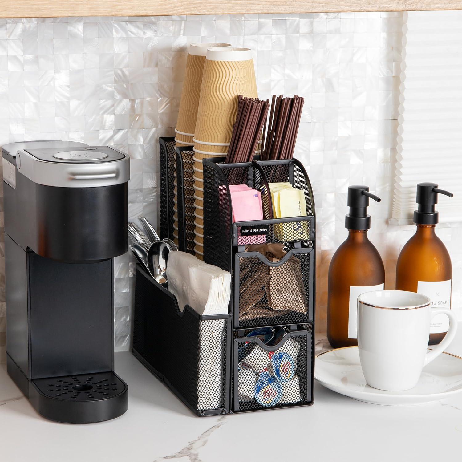 Mind Reader Cup and Condiment Station, Countertop Organizer, Coffee Bar, Kitchen, Metal Mesh, 5.75"L x 11"W x 11.5"H