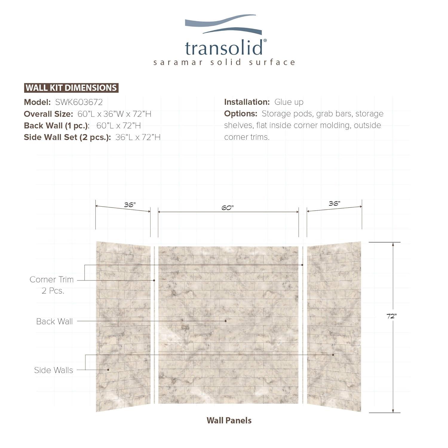 Transolid SaraMar 60'' W 36'' D 72'' H Glue Up Solid Surface Wall