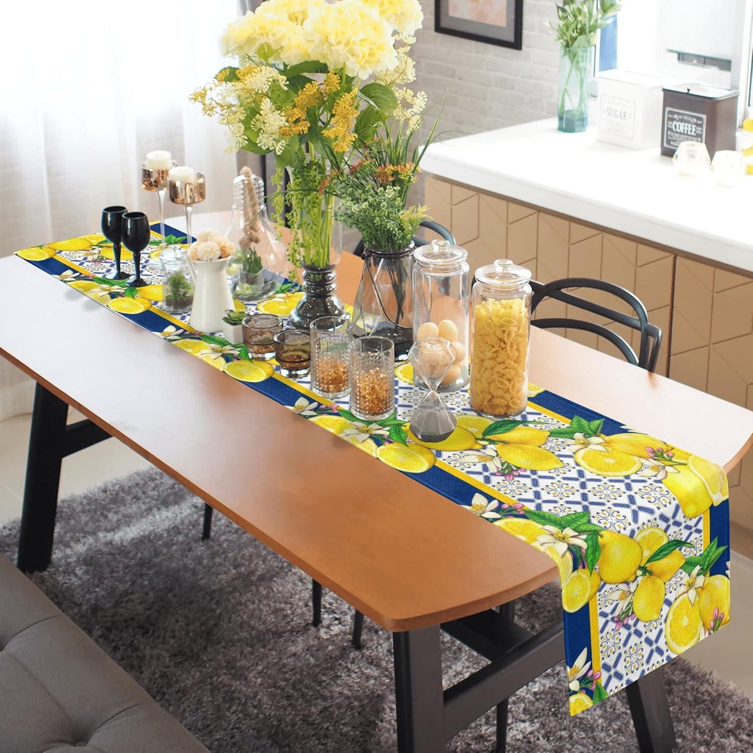 Jbralid Lemon Table Runner Spring Summer Seasonal Yellow Blue Table Runners Farmhouse Kitchen Dining Table Decoration for Indoor Outdoor Home Decor 13x72 Inch