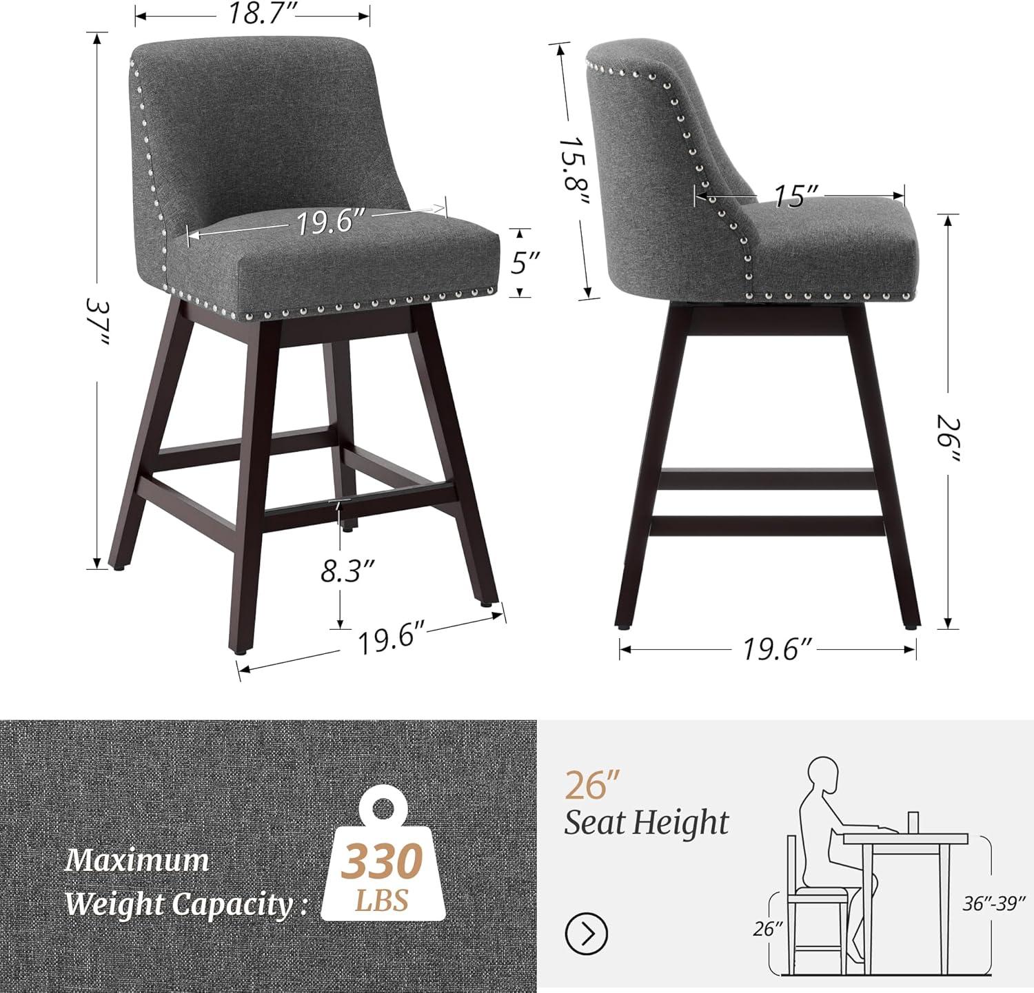 Charcoal Gray Swivel Counter Height Bar Stools with Wood Legs, Set of 2