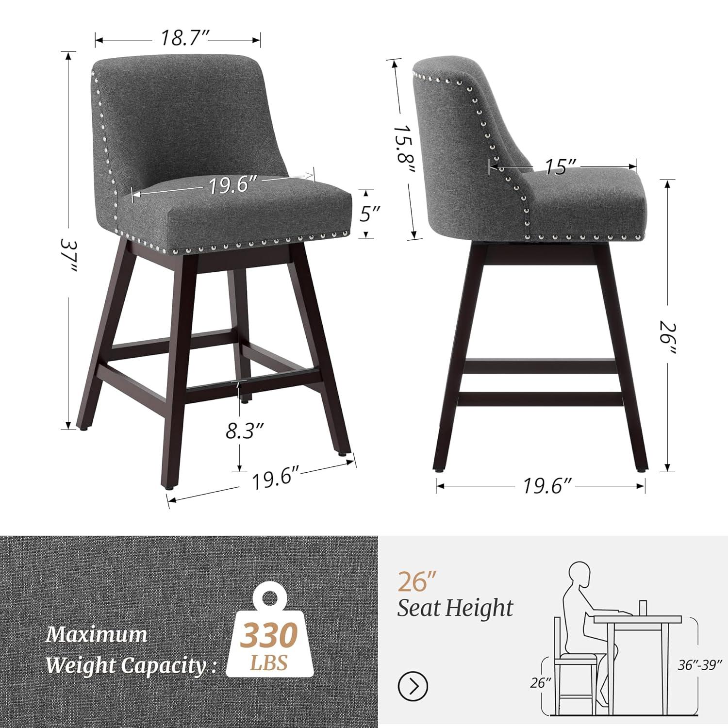 Dycanpo 26''H Swivel Counter Stools Set of 4 with Back Linen Fabric for Home Kitchen Island, Gray
