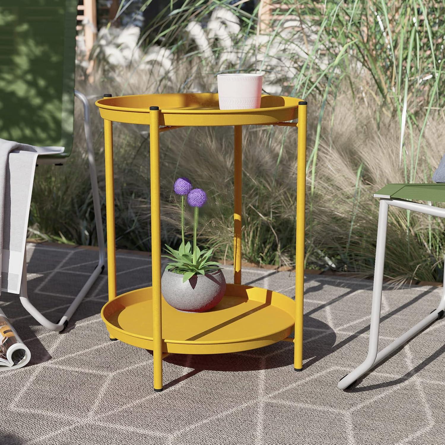 Grand Patio Indoor & Outdoor Side Table 2-Tier, Weather-Resistant Steel Round End Table for Porch, Poolside, Bedroom, Living Room, Yellow