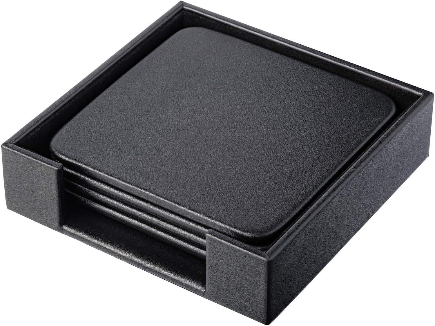 Black Leather 4-Square Coaster Set