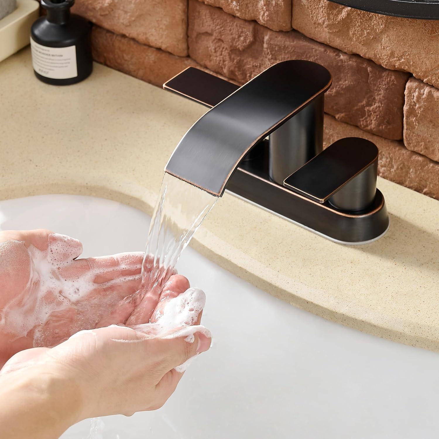 4-inch Centerset Double Handle Waterfall Bathroom Sink Faucet with Pop-up Drain Kit