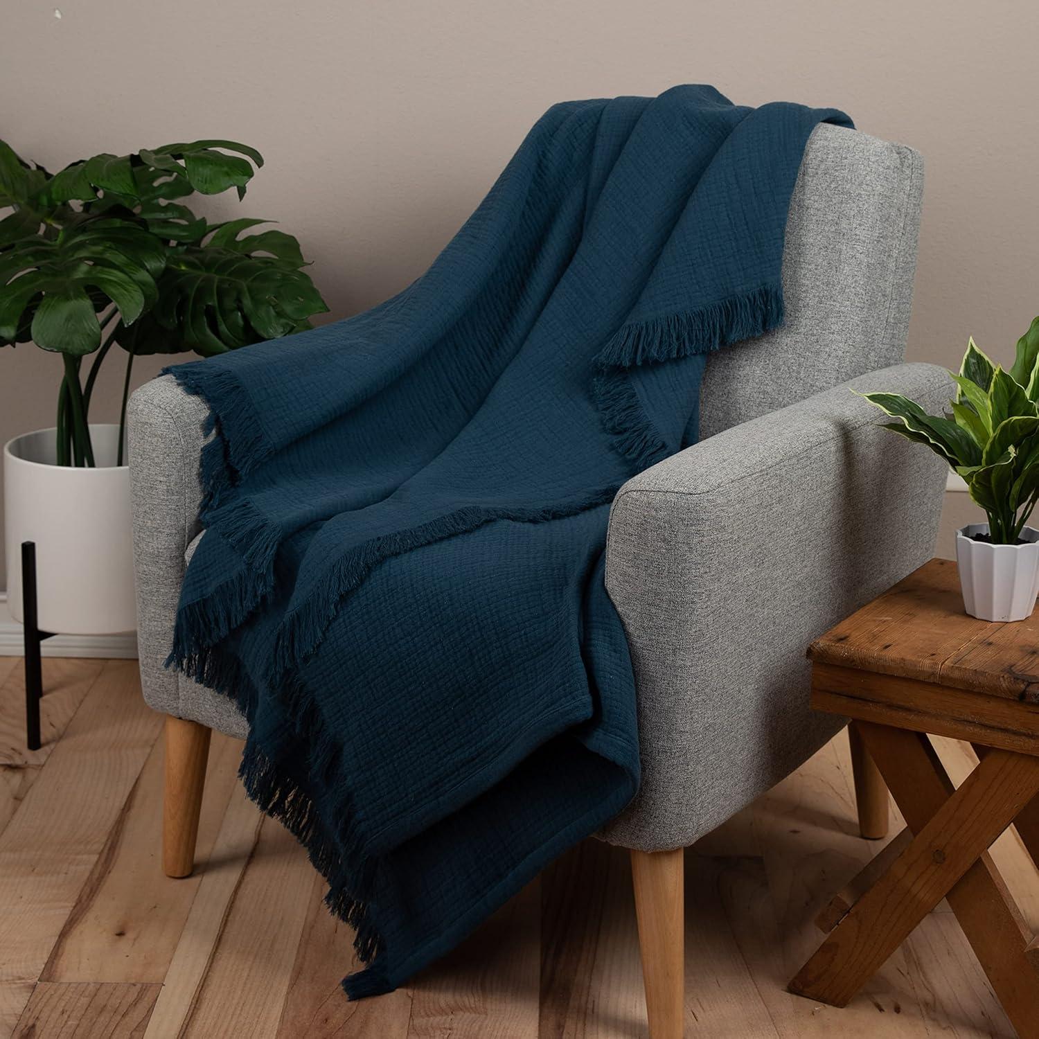 Sticky Toffee Muslin Throw Blanket for Adults, 100% Cotton, 60x50 in, Soft Lightweight and Breathable Throw for Couch, Blue