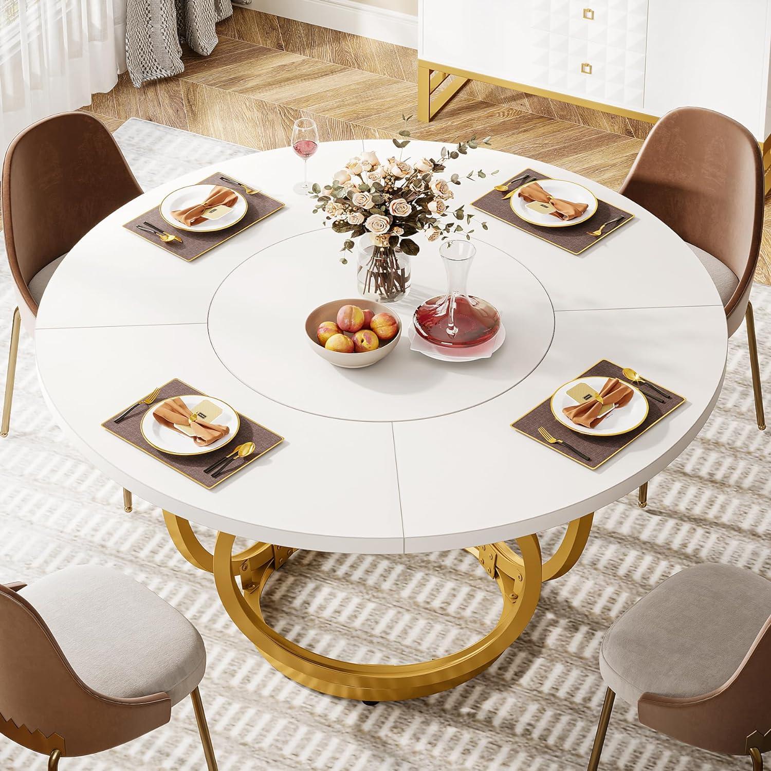 47 inch Dining Table for Dining Room, 4 People Round Dinner Table white & Gold
