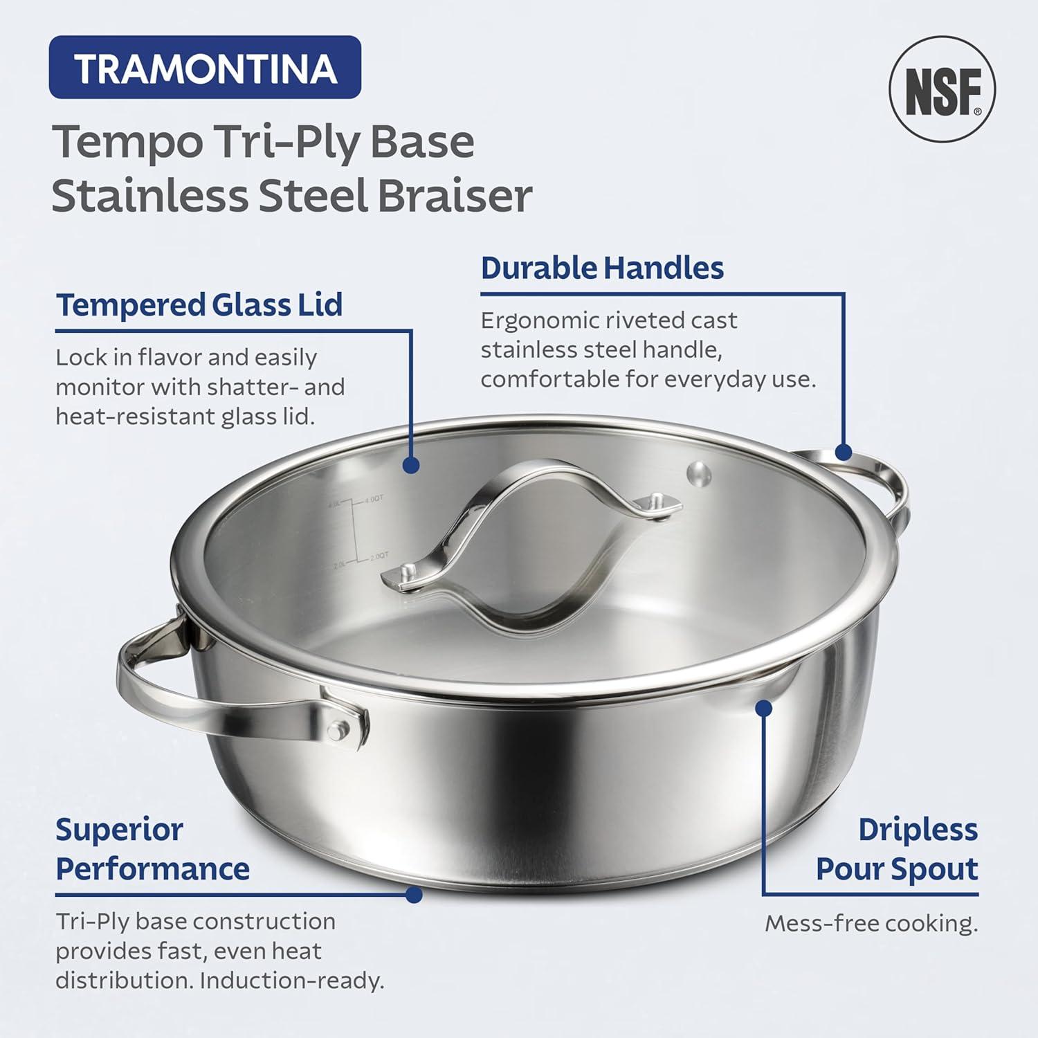 Tramontina Tramontina Tempo Tri-Ply Base Stainless Steel 6-Quart Braiser Pan with Glass Lid, Induction-Ready, Oven-Safe, Dishwasher-Safe