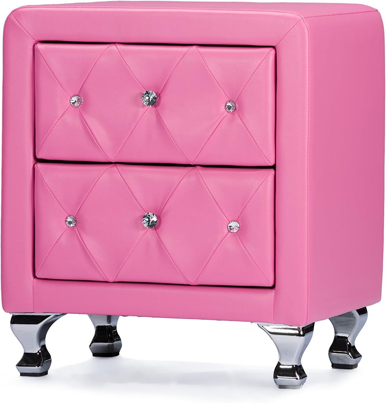 Stella Pink Faux Leather 2-Drawer Crystal Tufted Nightstand