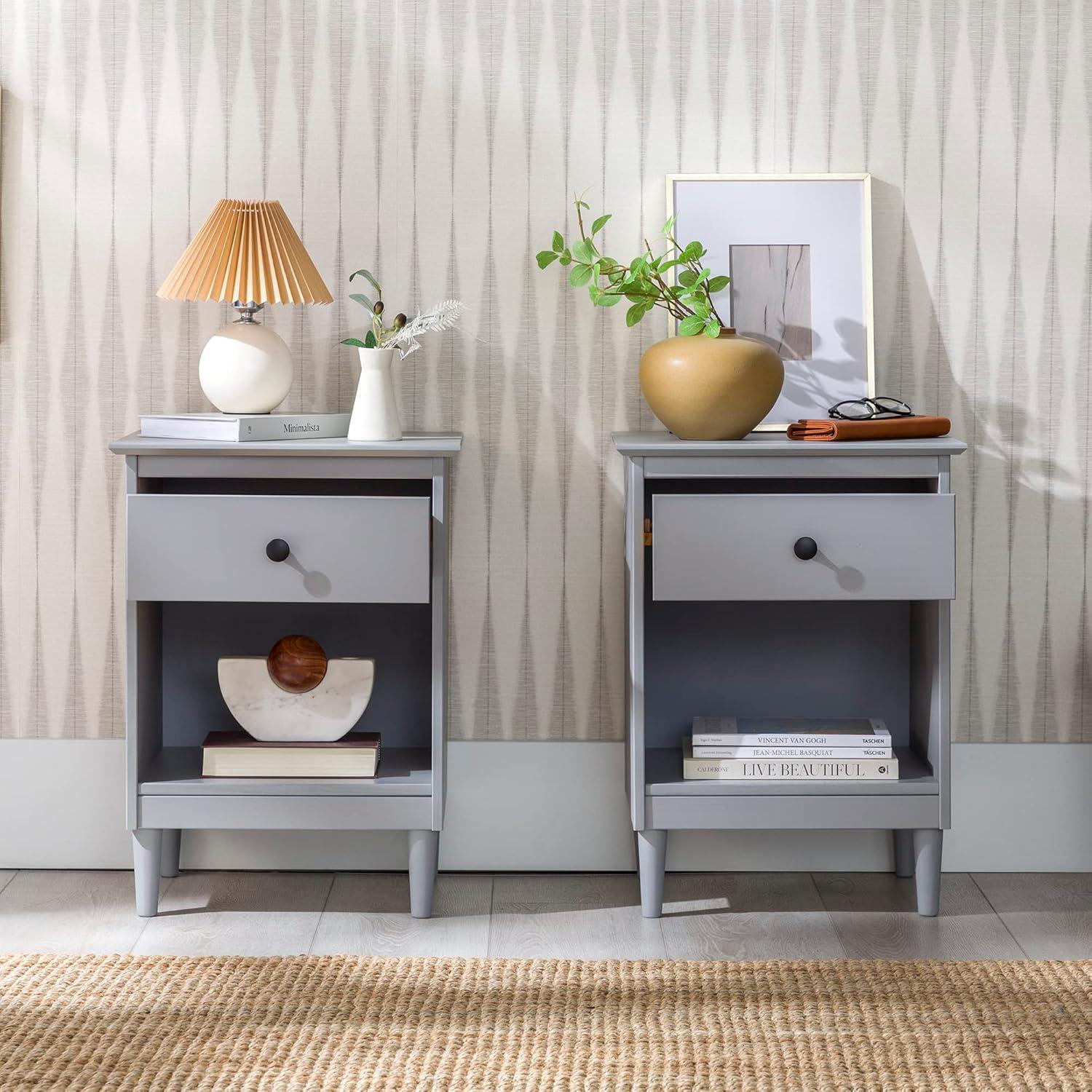 Grey Solid Wood 1-Drawer Nightstands, Set of 2