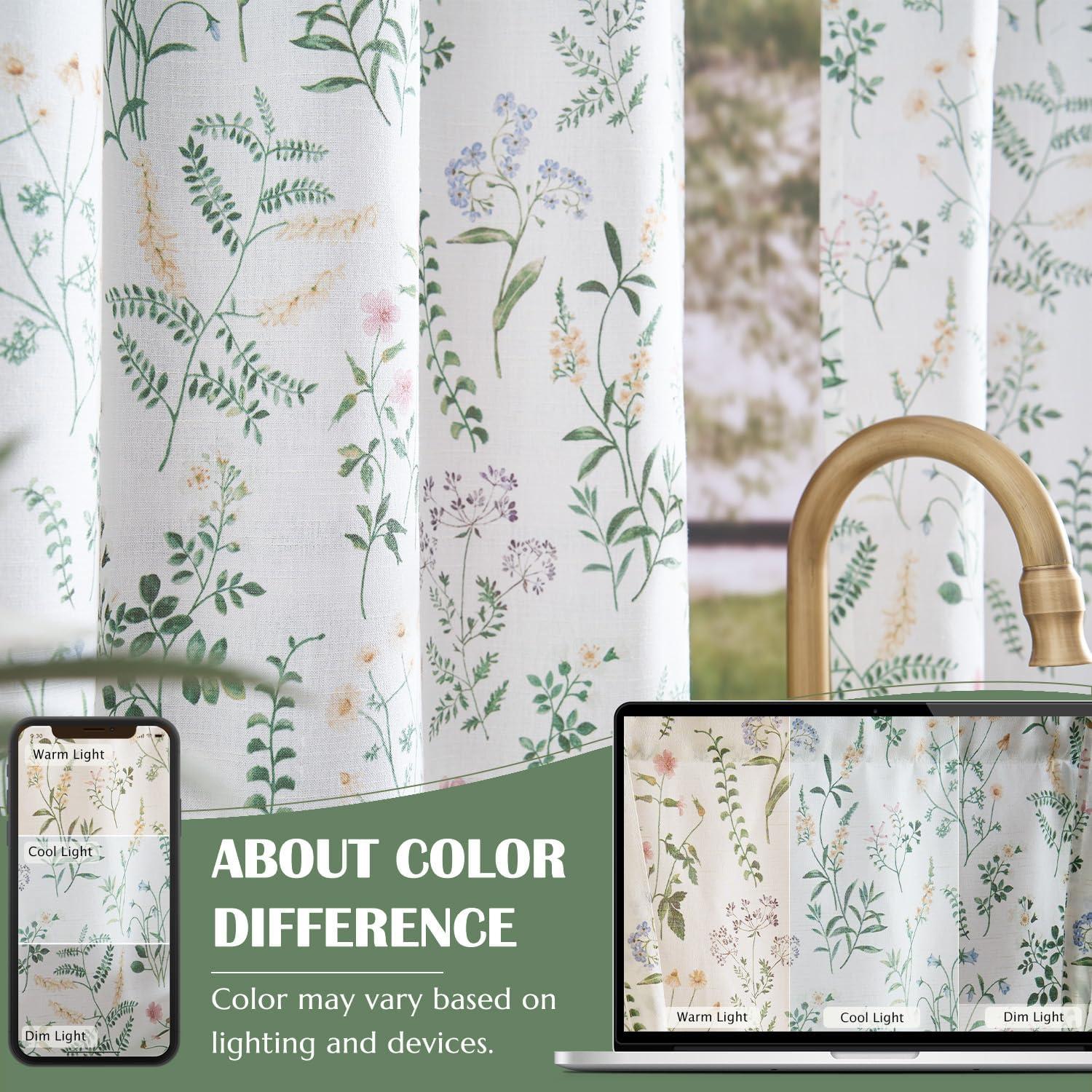 jinchan Floral Kitchen Curtains for Windows 36 Inch Linen Tier Farmhouse Cafe Curtains Country Botanic Small Window Rod Pocket Rustic Flax for Laundry Bathroom RV 2 Panels Sage Green on Beige