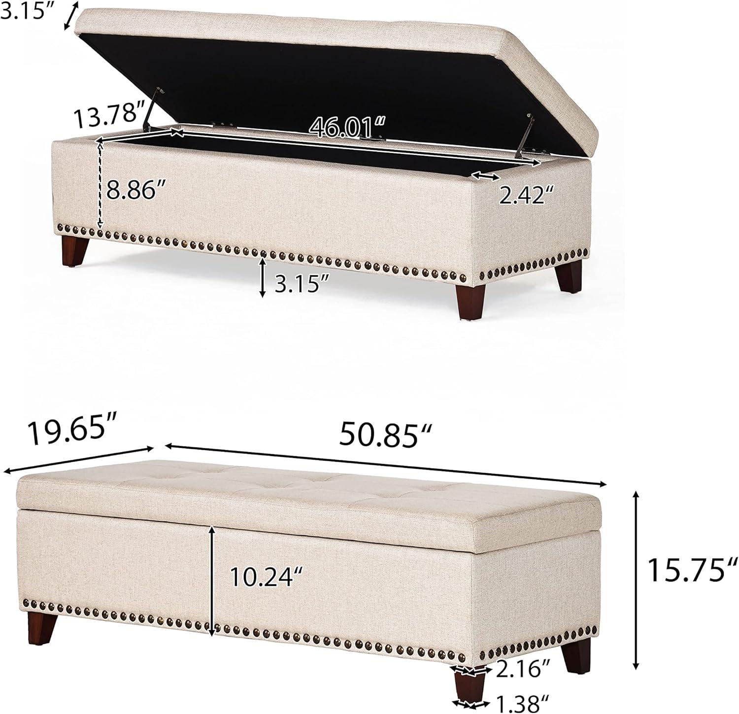 Beige Tufted Fabric Storage Ottoman with Nailhead Trim