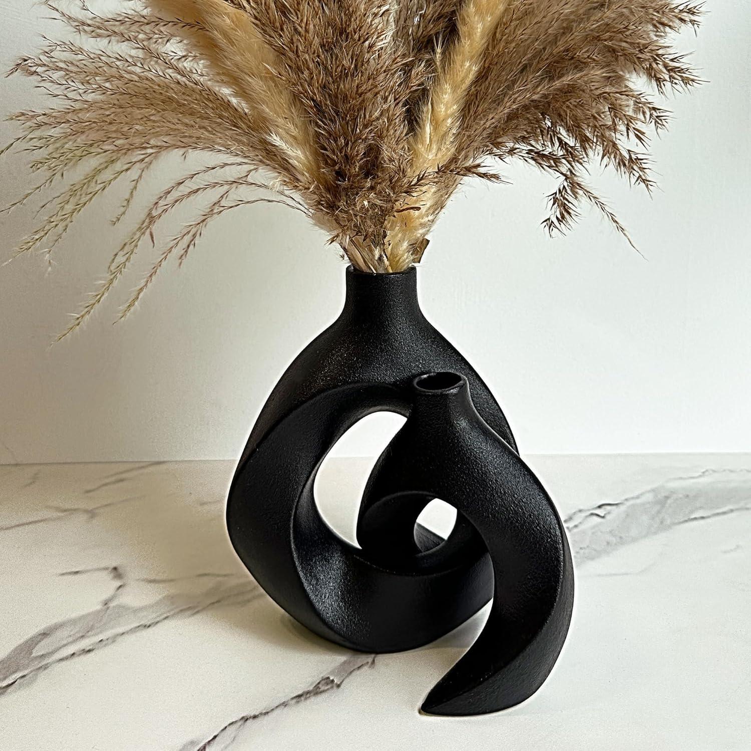 Matte Black Ceramic Decorative Vase Set with Curved Design