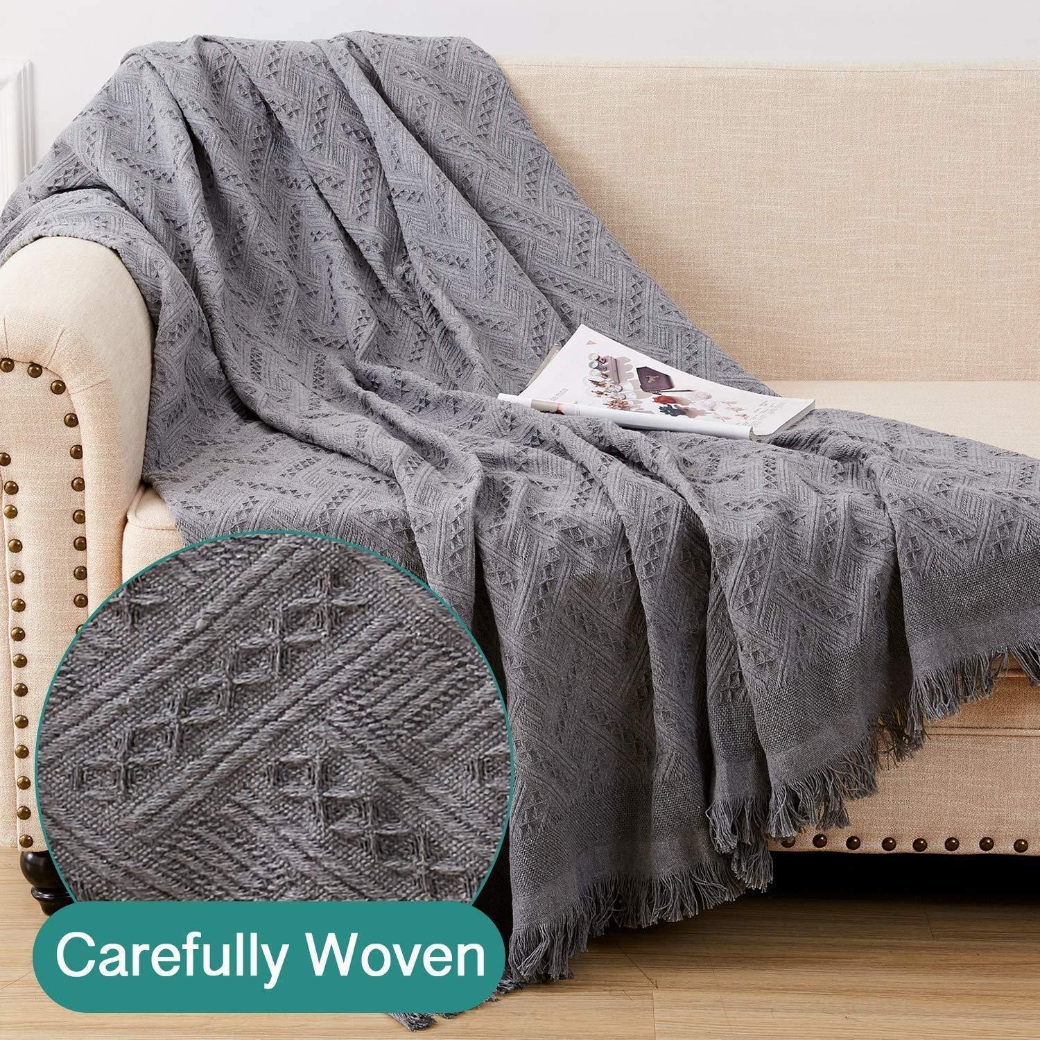 Rose Home Fashion Geometric Jacquard Sectional Couch Covers for Sectional Sofa - 2 Pieces Washable L Shape Couch Cover Blanket with Tassels, Furniture Protector for Dogs (Large, Dark Gray)