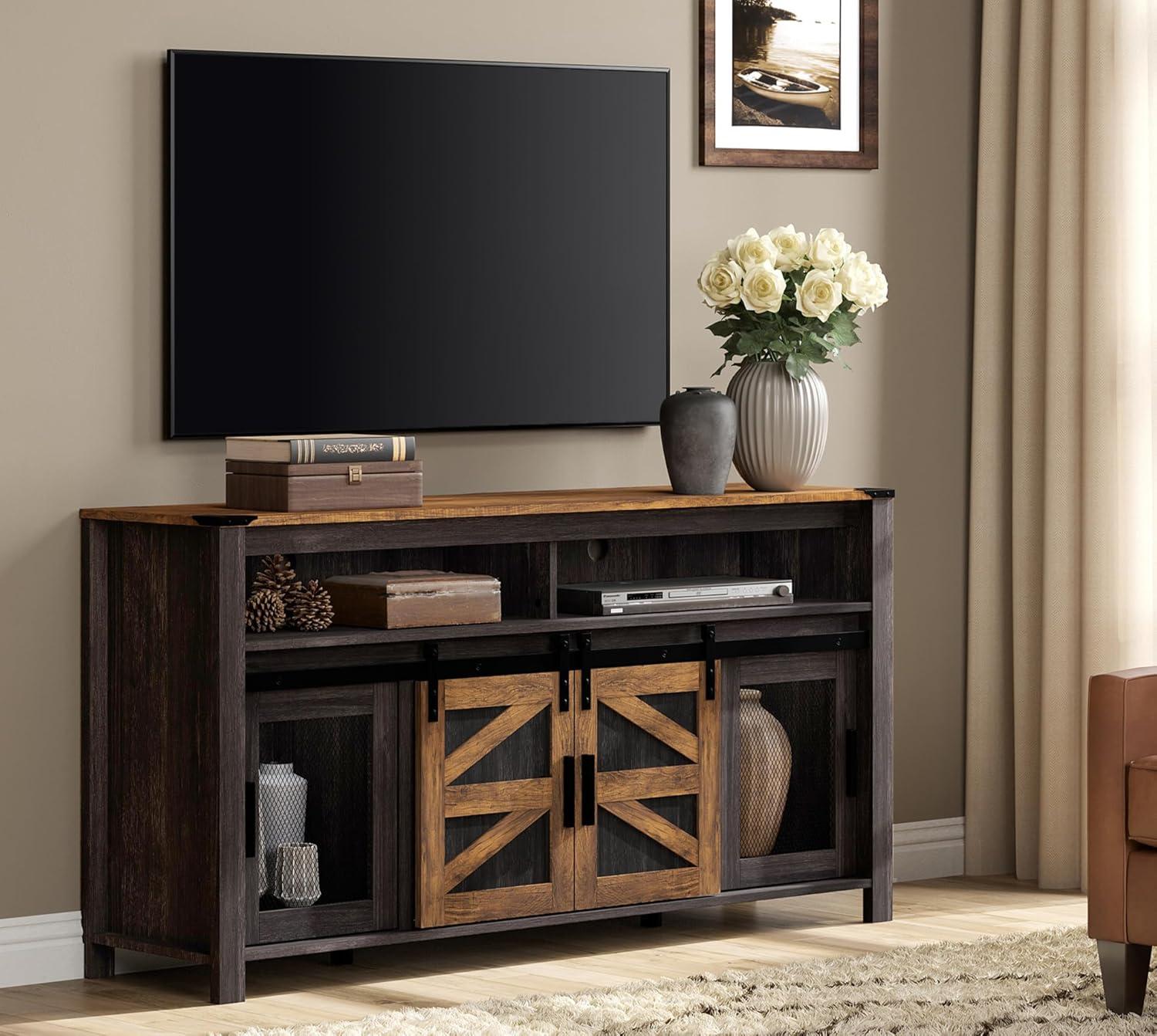 WAMPAT Farmhouse TV Stand for 65 Inch TV, Antique Black & Brown Entertainment Center with Sliding Barn Doors and Mesh Doors, Tall Media Console with Open Storage Space for Living Room, 59x15.4x31