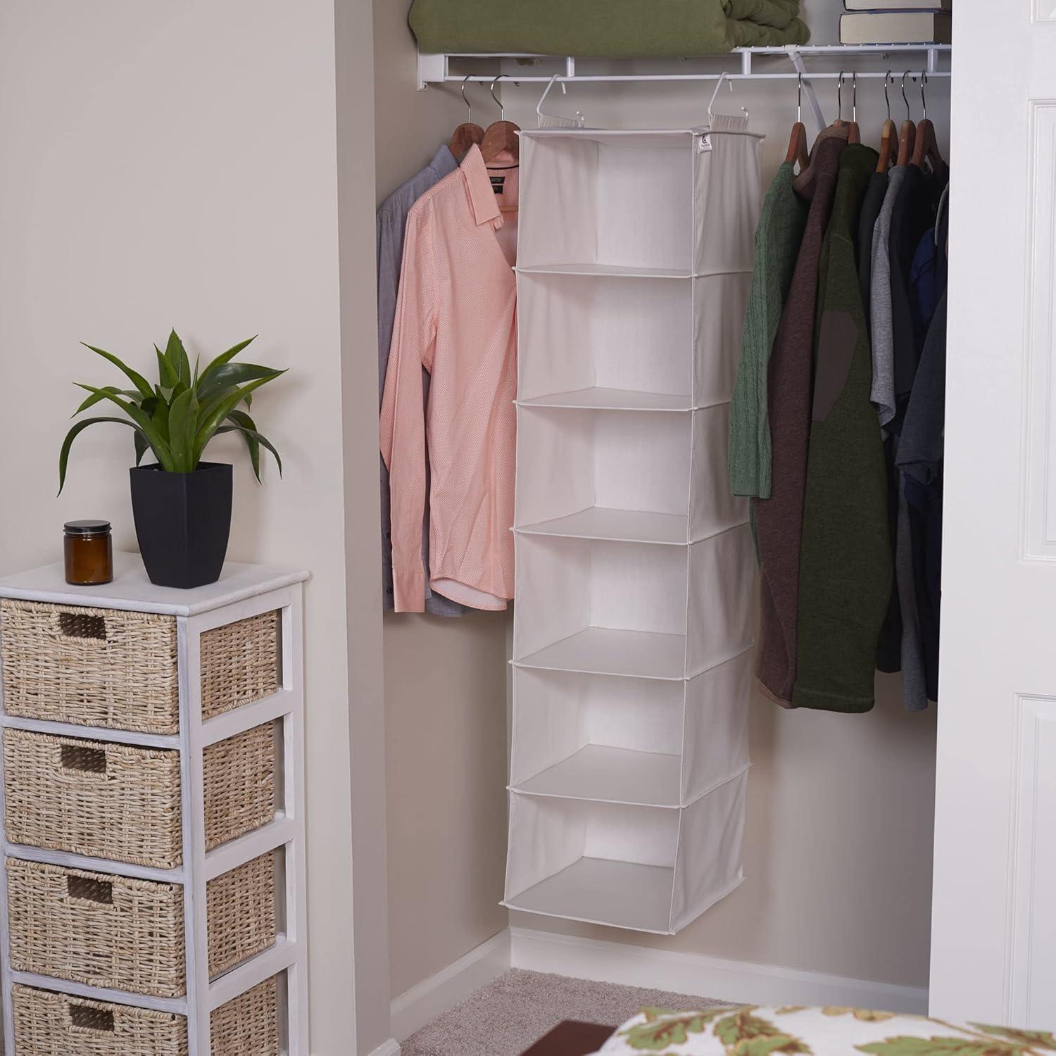 Household Essentials 6-Shelf Hanging Closet Organizer, Soft Blended Canvas, Durable Plastic Shelving and Wire Hooks, Breathable