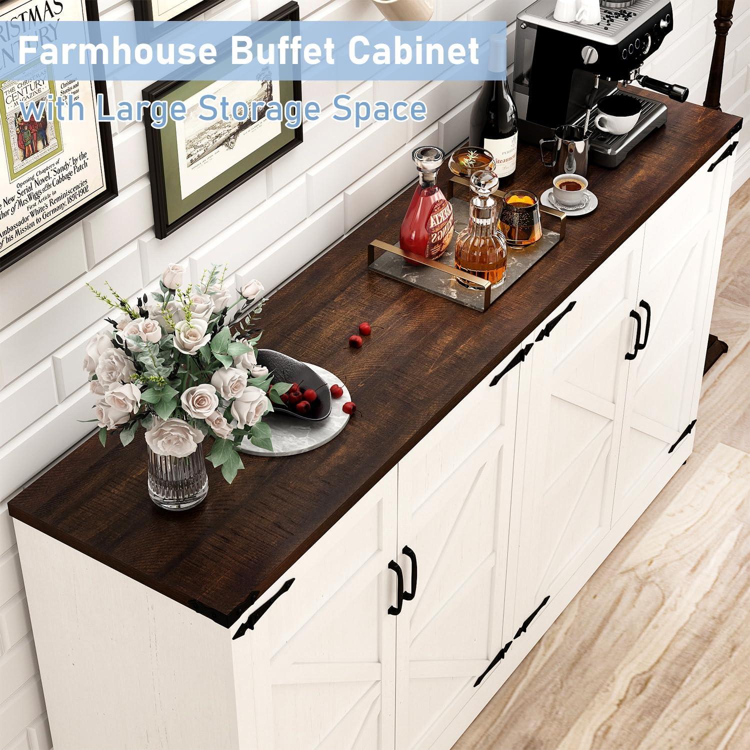 White 65'' Farmhouse Wooden Sideboard Buffet Cabinet with Adjustable Shelves