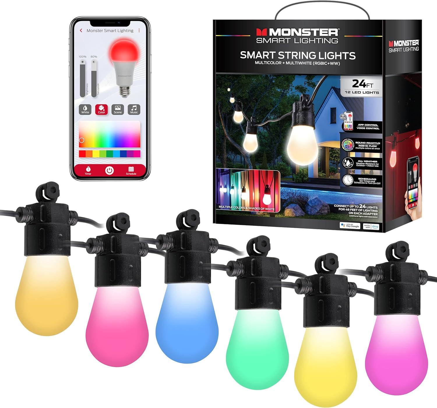 Monster Smart Weather Resistant Sound Reactive Multicolor 24 ft String Lights, 12 LED Lights, Wifi Mobile App & Voice Control, RGB + IC Flow, Corded Electric