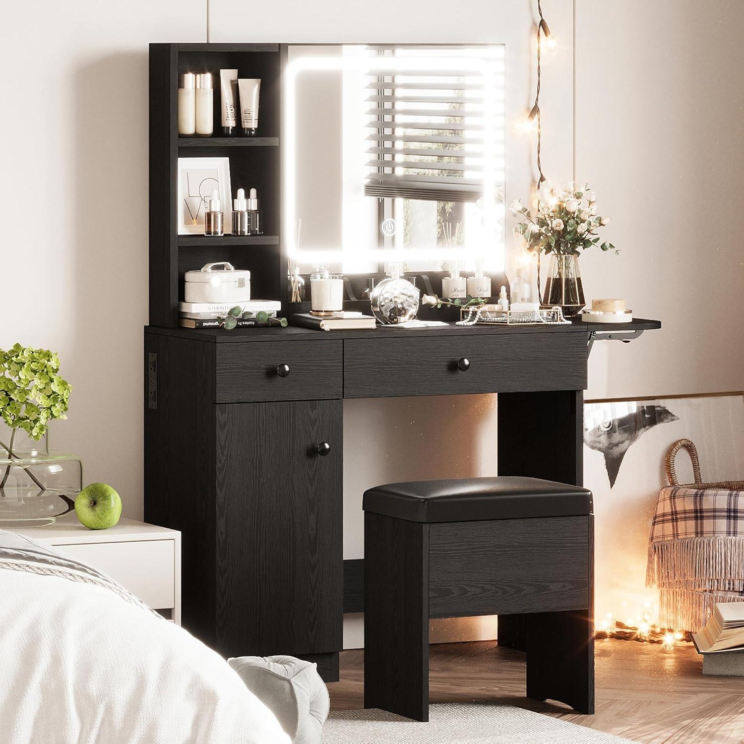 Black Iron Vanity Desk with LED Mirror and Storage Bench