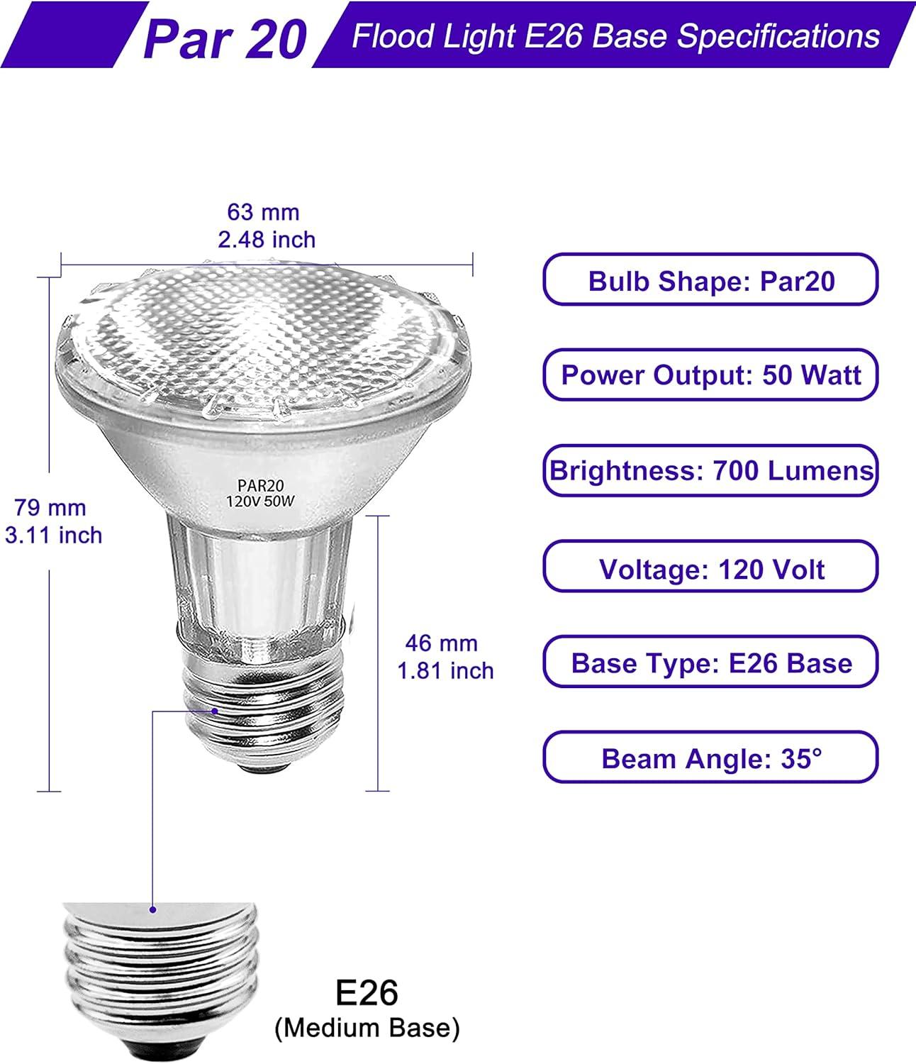 6PCS Par20 Halogen 50W 120V Dimmable, Long Lifespan E26 Par20 Light Bulb with 3000K Warm White for Indoor/Outdoor