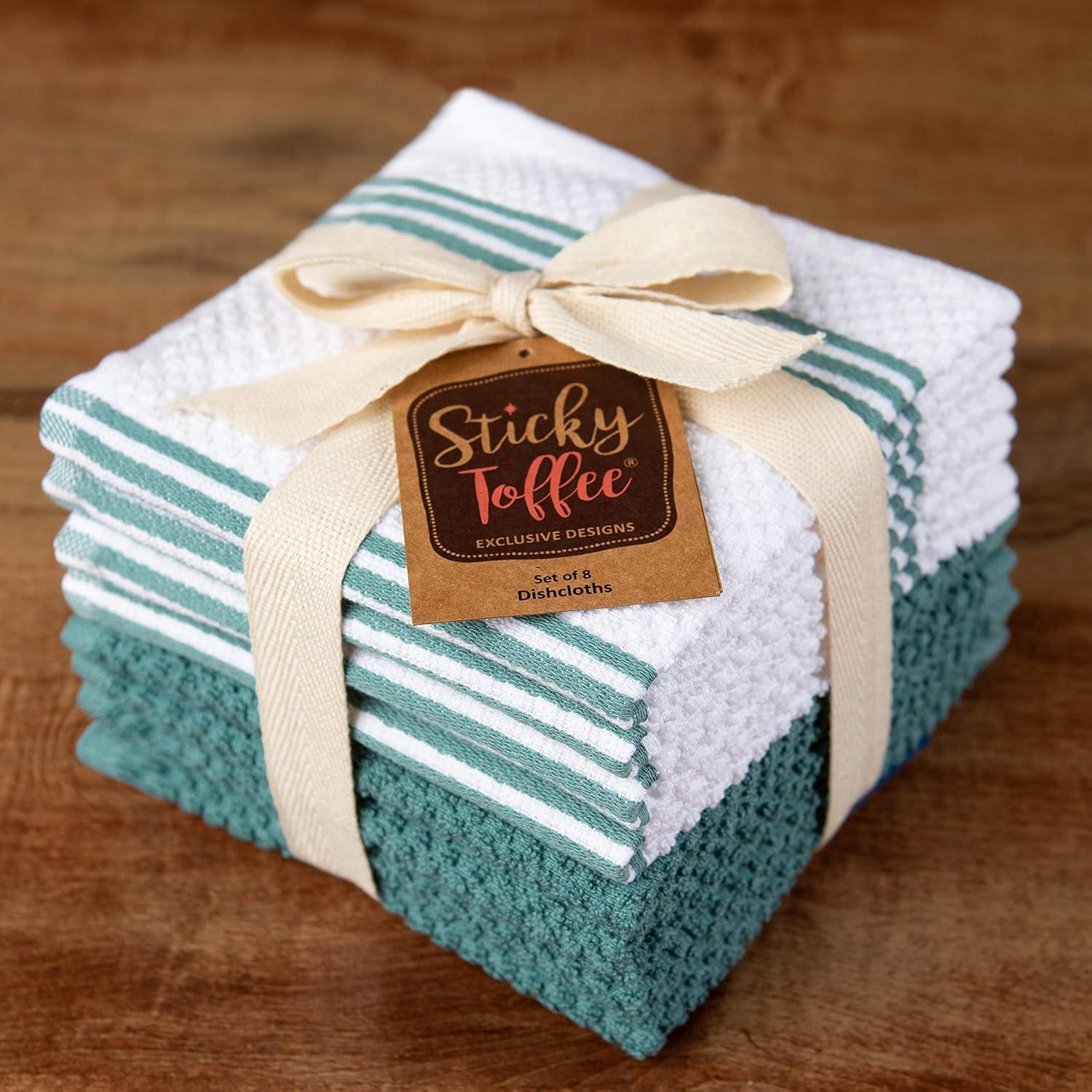 Sticky Toffee Kitchen Dishcloths Towels 100% Cotton, Set of 8, Blue and White Dish Cloth Towels, 12 in x 12 in