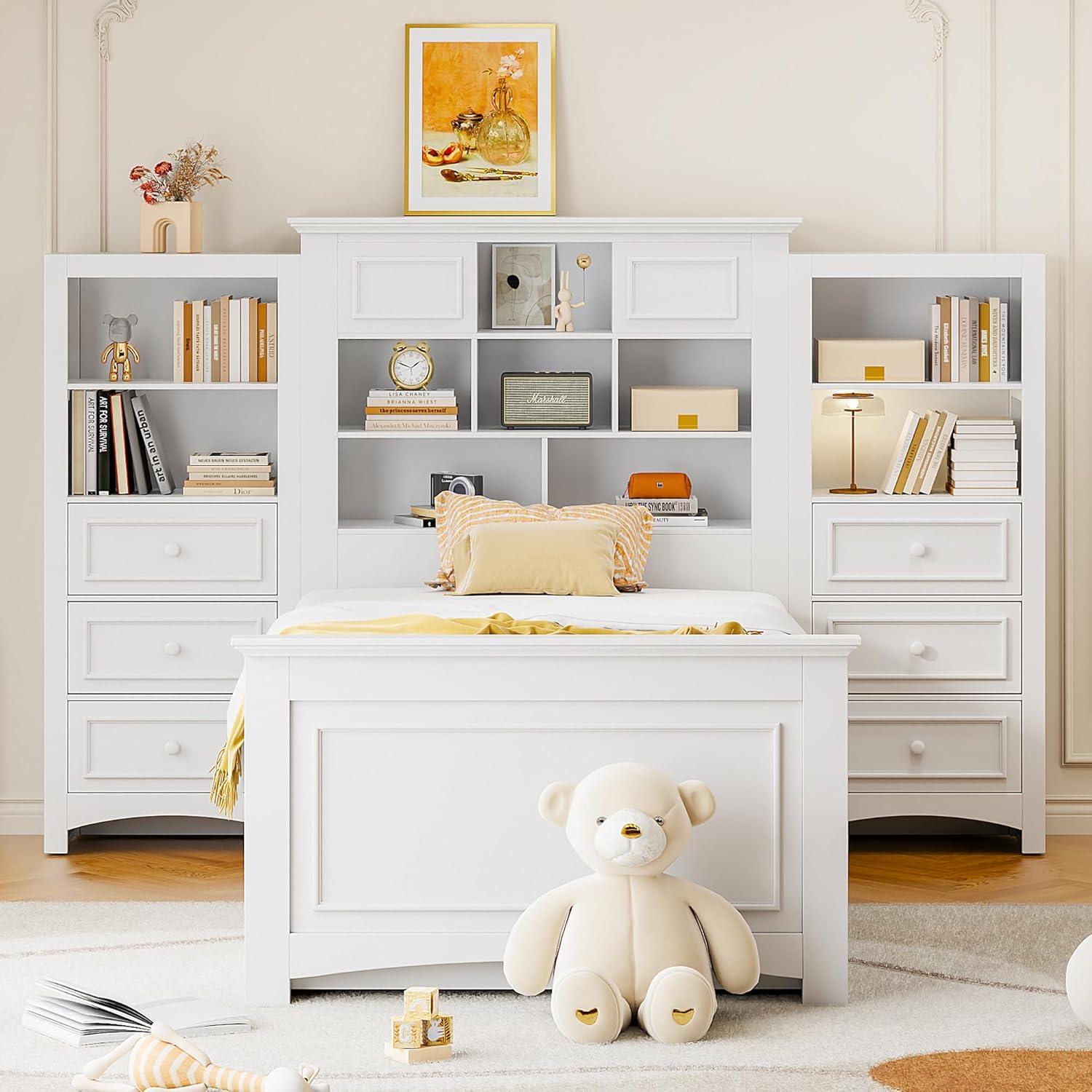 White Twin Wood Platform Bed with Bookcase Headboard and Storage Drawers