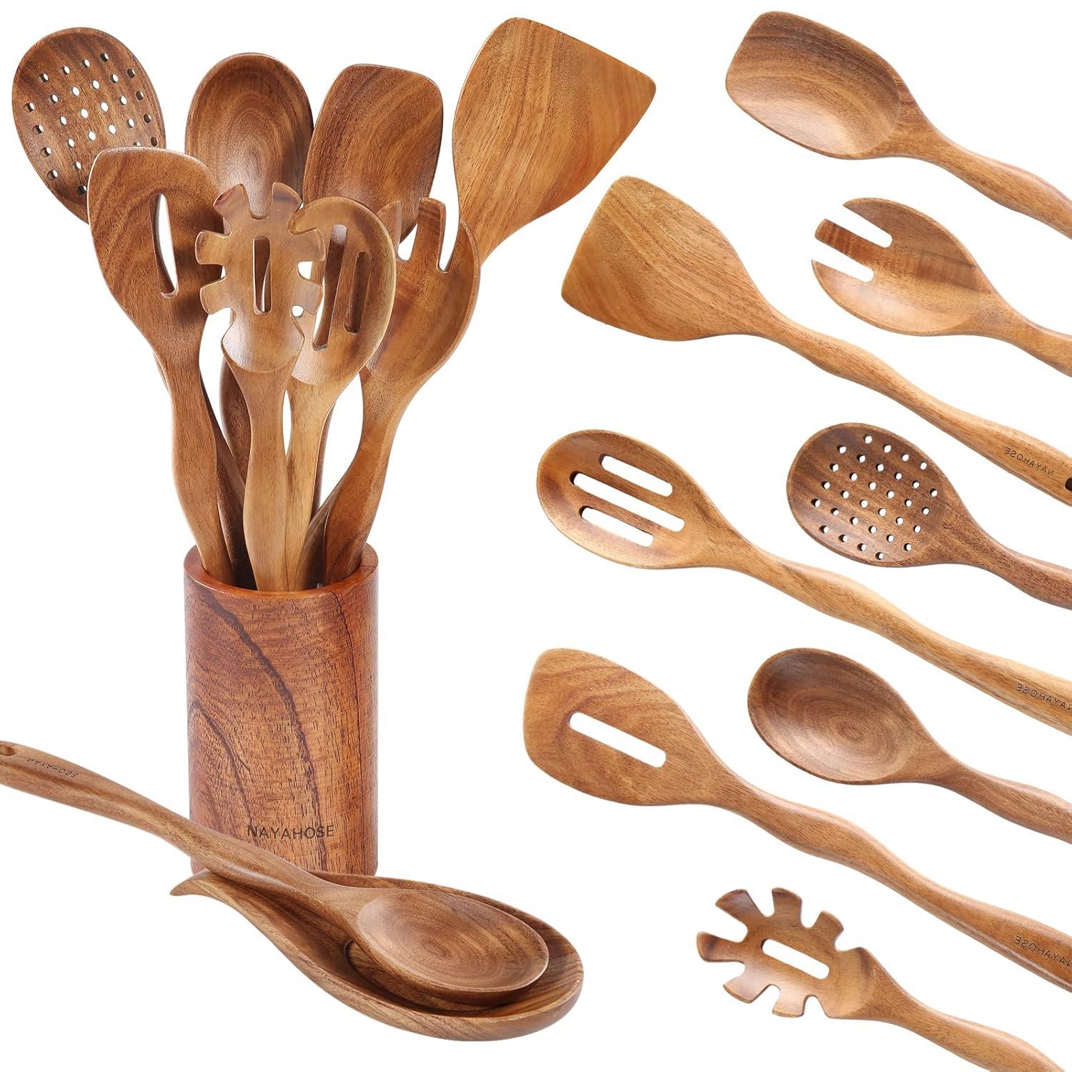 Wooden Spoons for Cooking, 10 Pcs Teak Wood Cooking Utensil Set ‚ Wooden Kitchen Utensils for Nonstick Pans & Cookware ‚ Sturdy, Lightweight & Heat Resistant