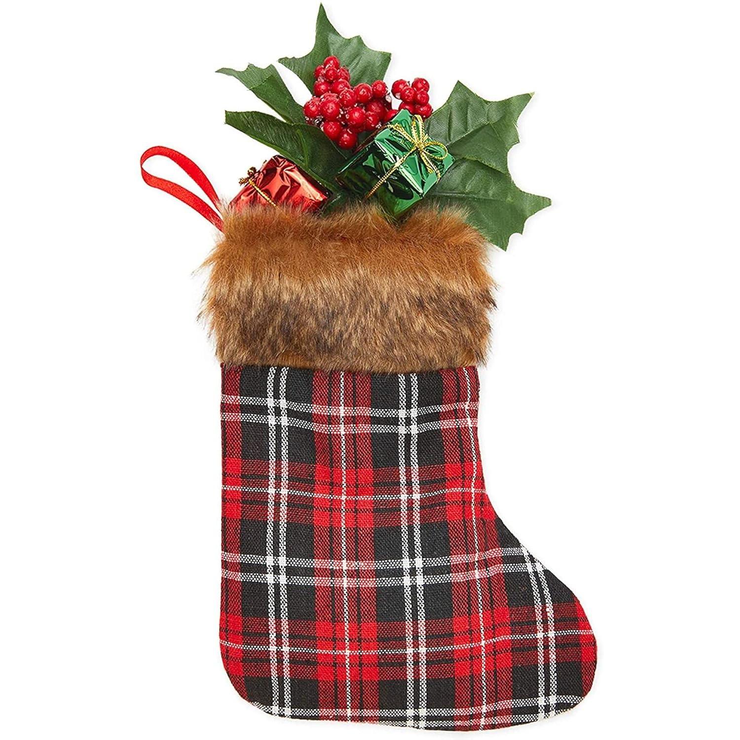 Okuna Outpost 12 Pack Mini Christmas Stockings, Red Buffalo Plaid Holiday Decor (6 x 8 in)